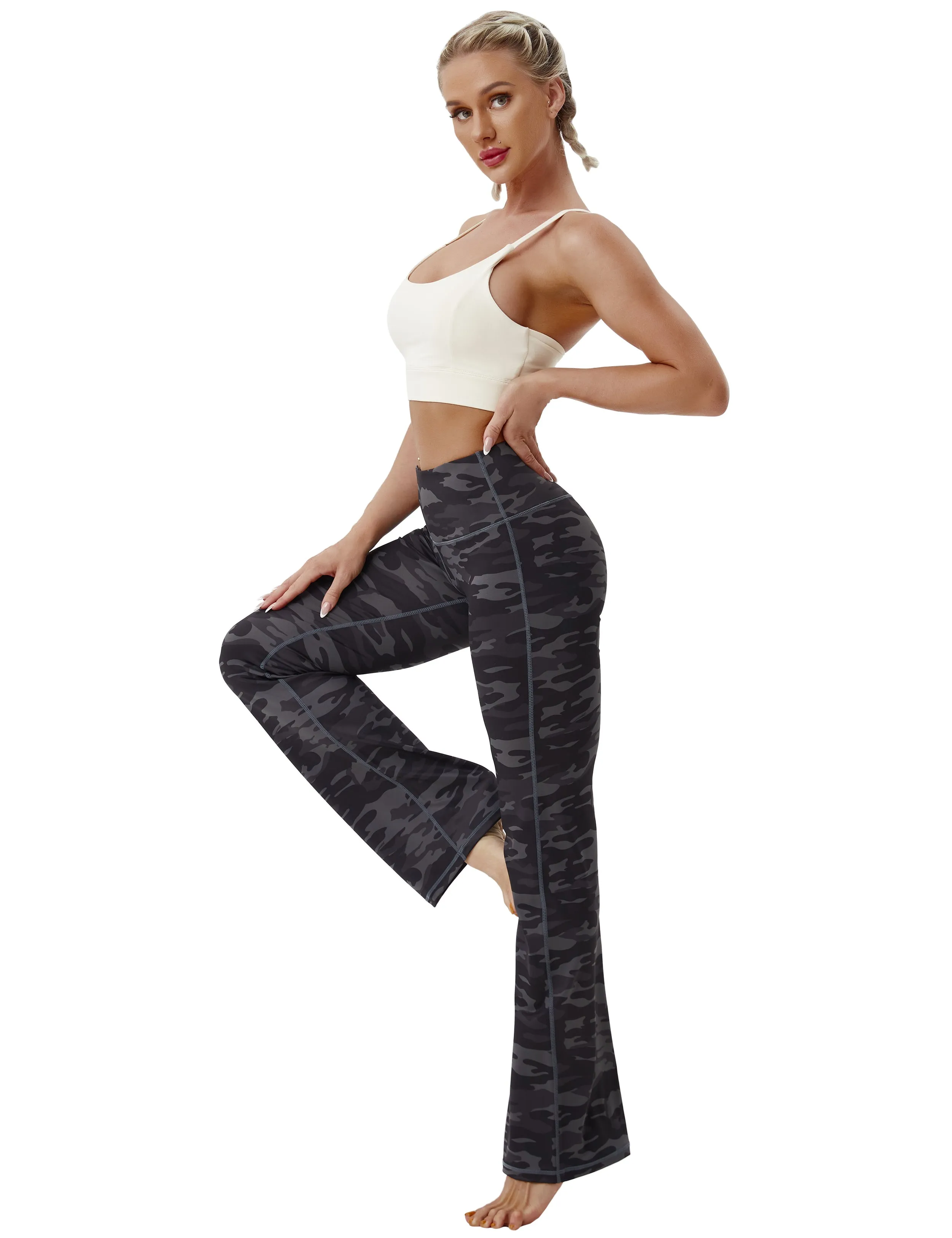 29" 31" 33" 35" 37" High Waist Printed Bootcut Leggings dimgray camo_Tall Size