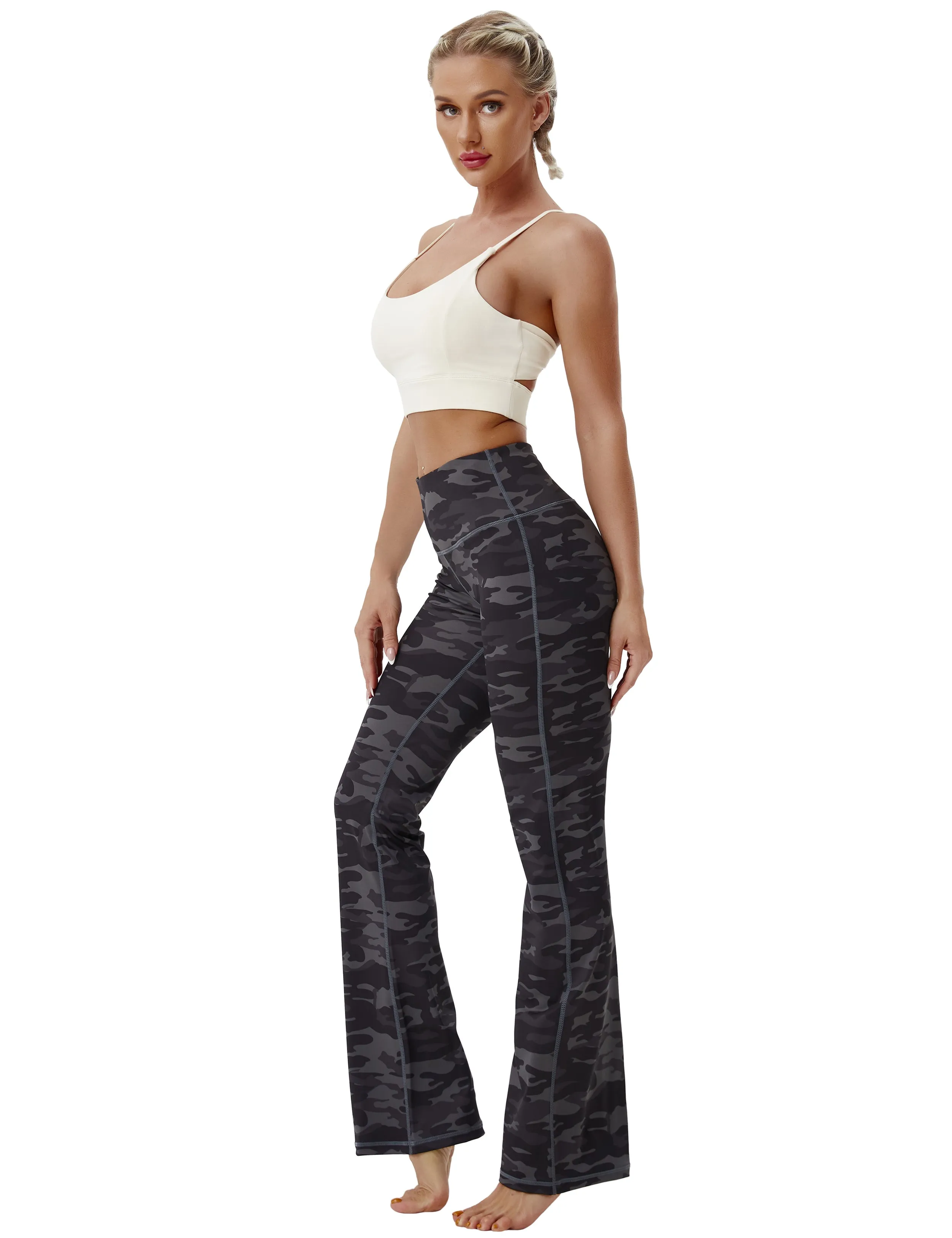 29" 31" 33" 35" 37" High Waist Printed Bootcut Leggings dimgray camo_Tall Size