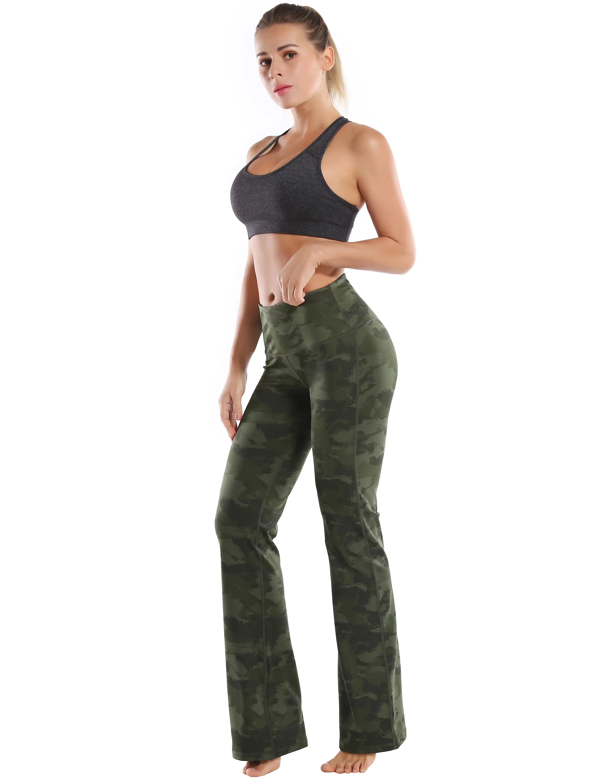 29" 31" 33" 35" 37" High Waist Printed Bootcut Leggings green brushcamo_Jogging