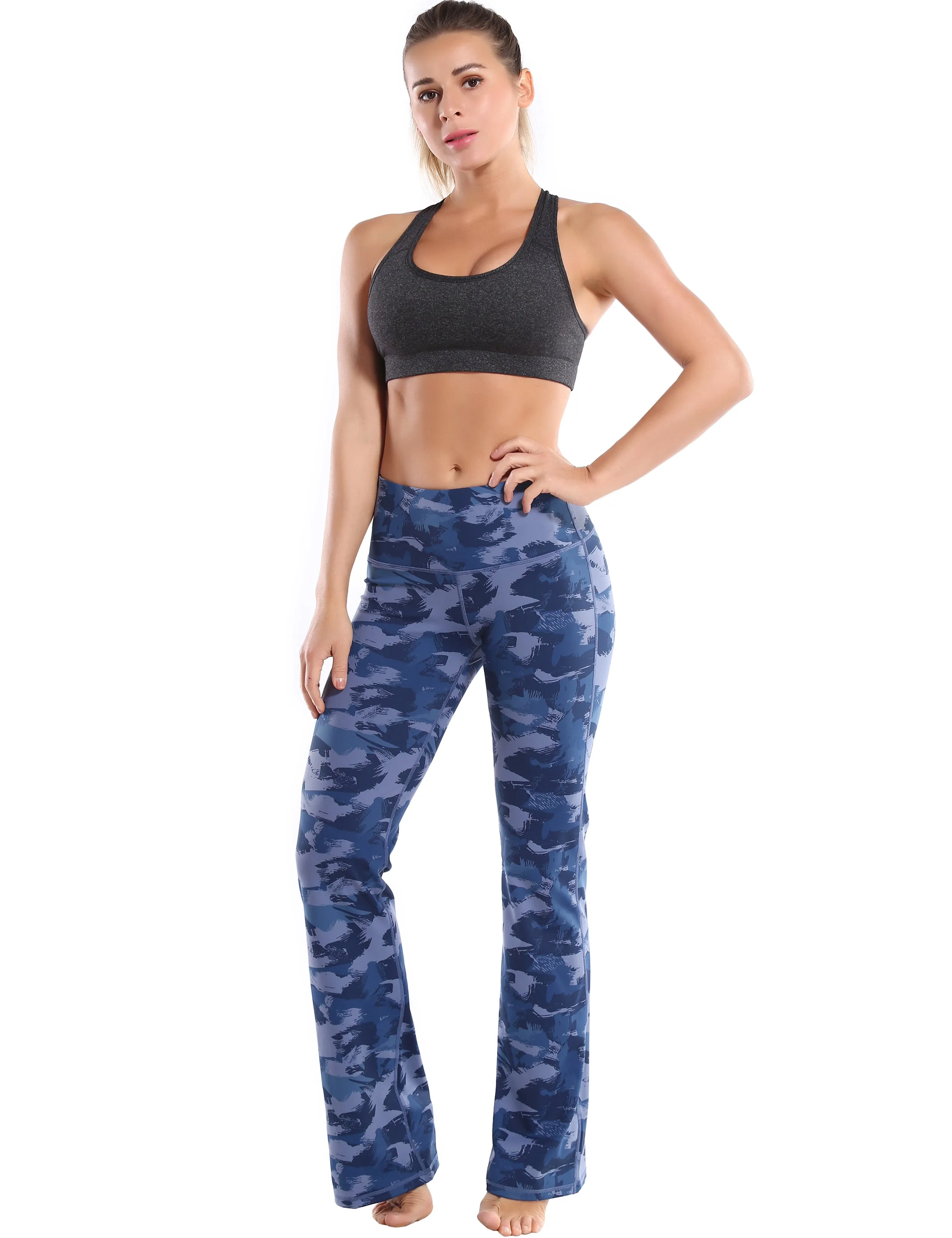 29" 31" 33" 35" 37" High Waist Printed Bootcut Leggings navy brushcamo_Plus Size