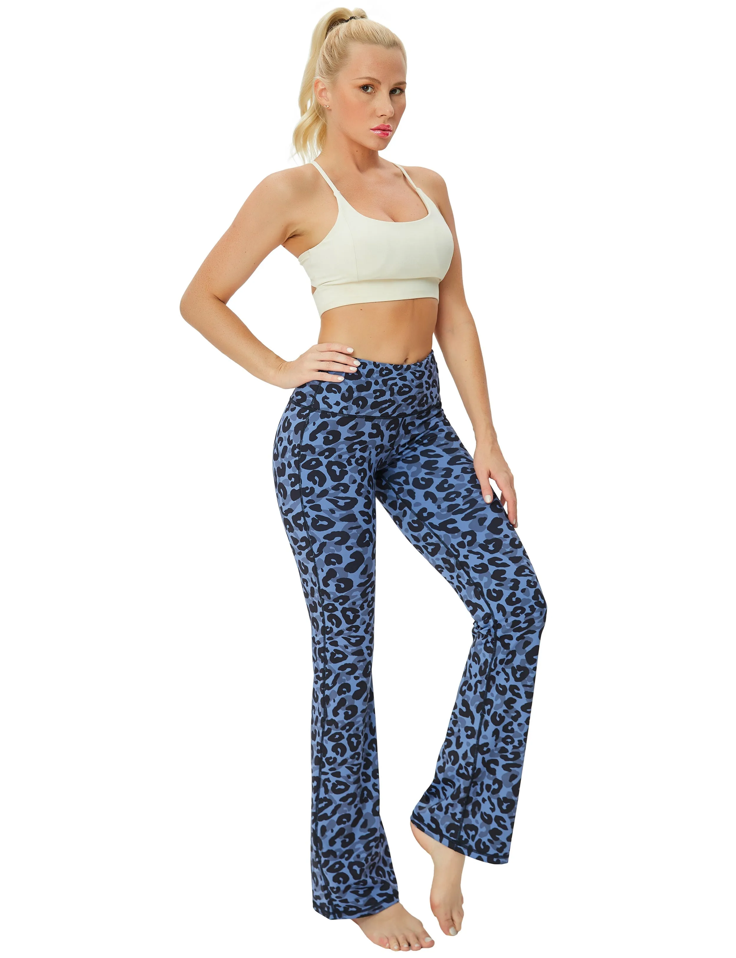 29" 31" 33" 35" 37" High Waist Printed Bootcut Leggings navy_leopard_yogastudio