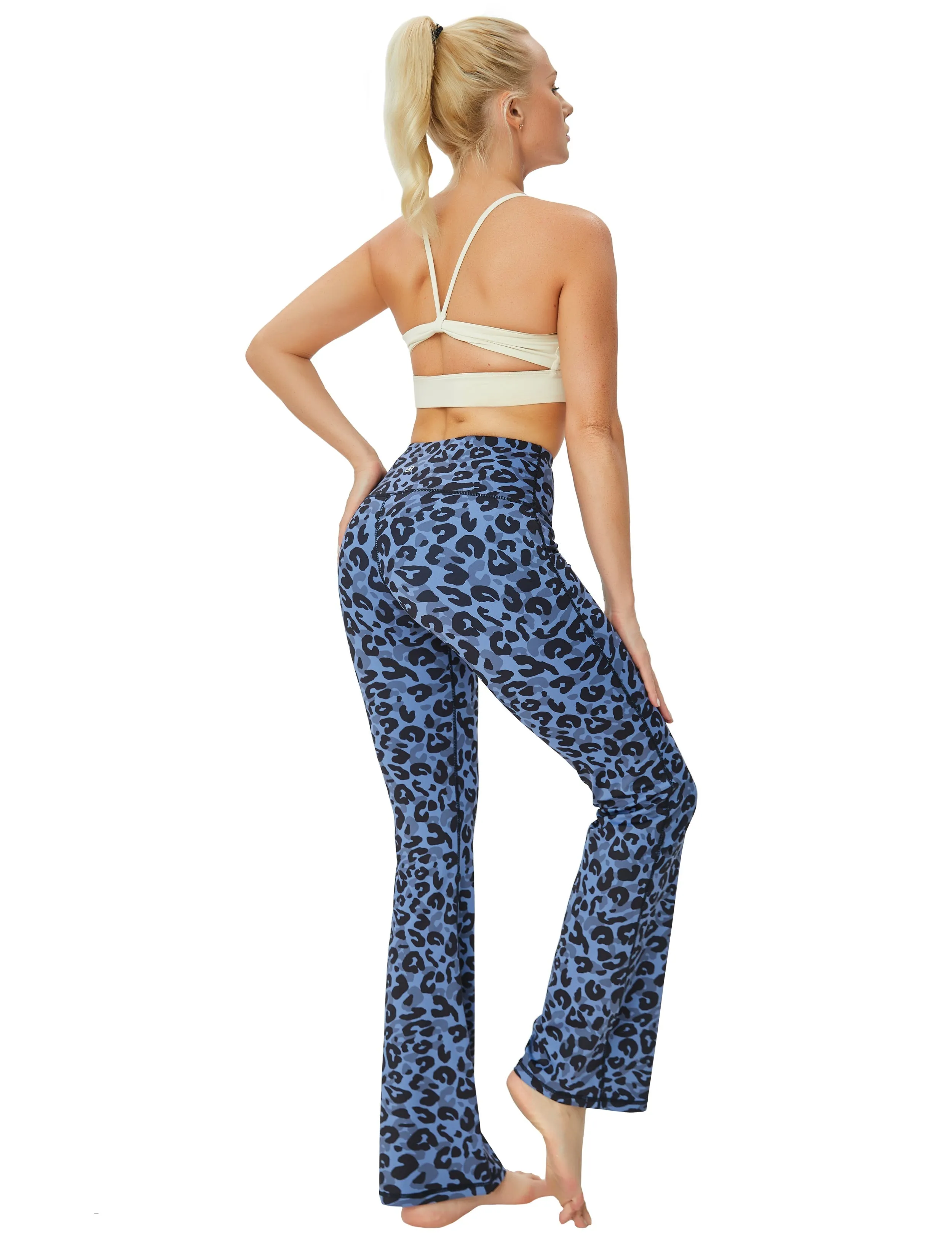 29" 31" 33" 35" 37" High Waist Printed Bootcut Leggings navy_leopard_yogastudio