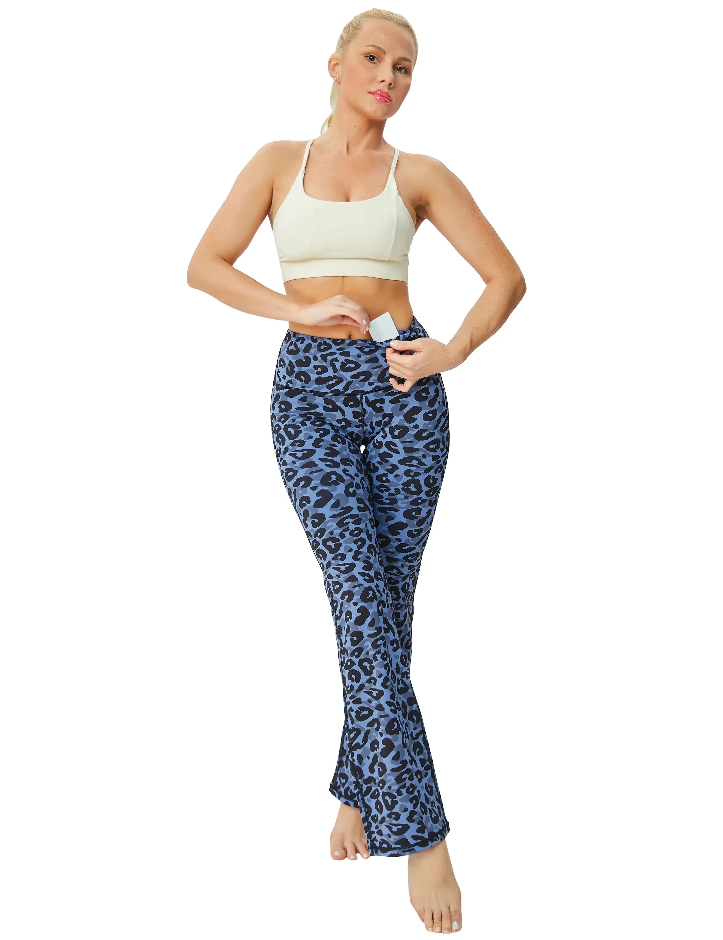29" 31" 33" 35" 37" High Waist Printed Bootcut Leggings navy_leopard_yogastudio