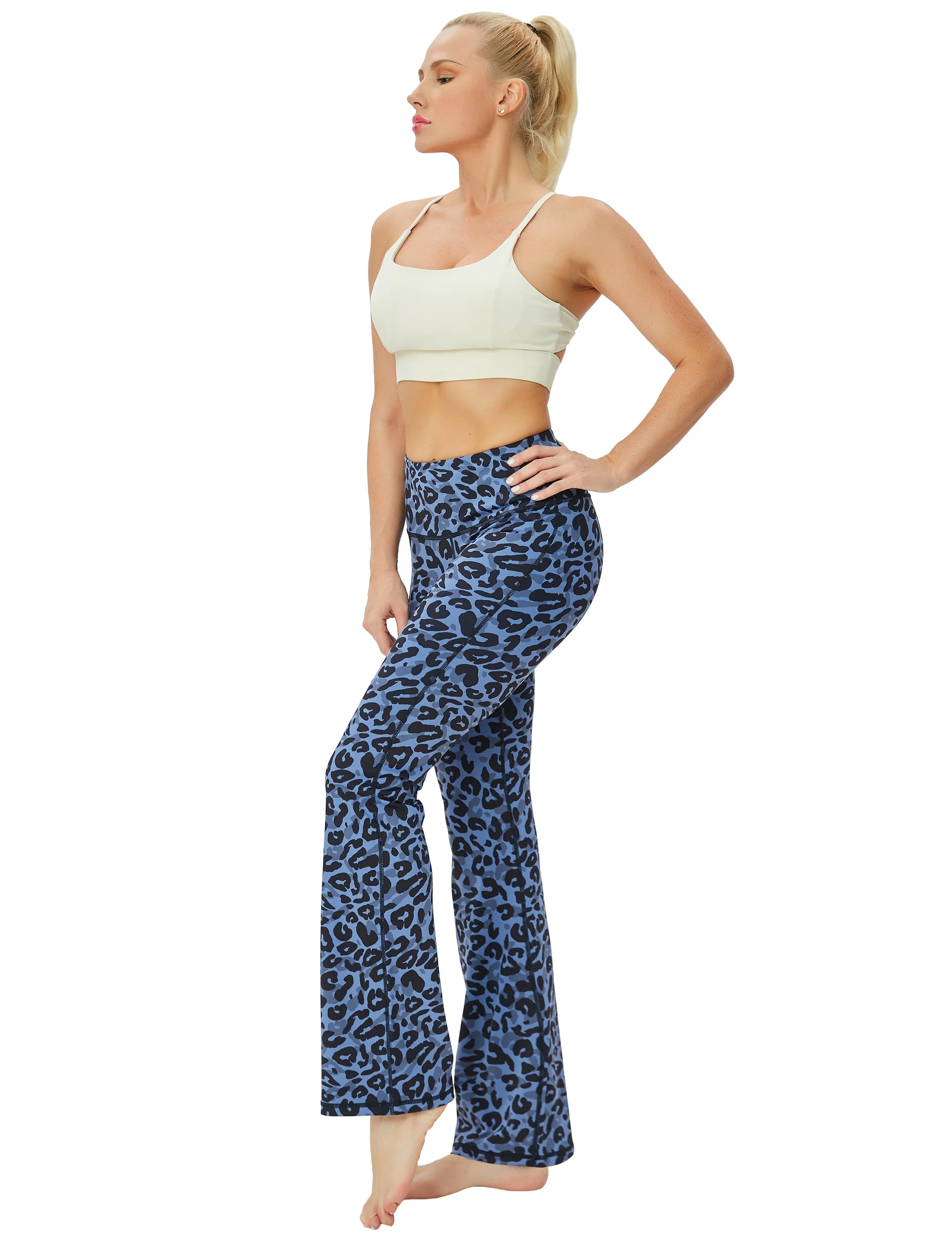 29" 31" 33" 35" 37" High Waist Printed Bootcut Leggings navy_leopard_yogastudio