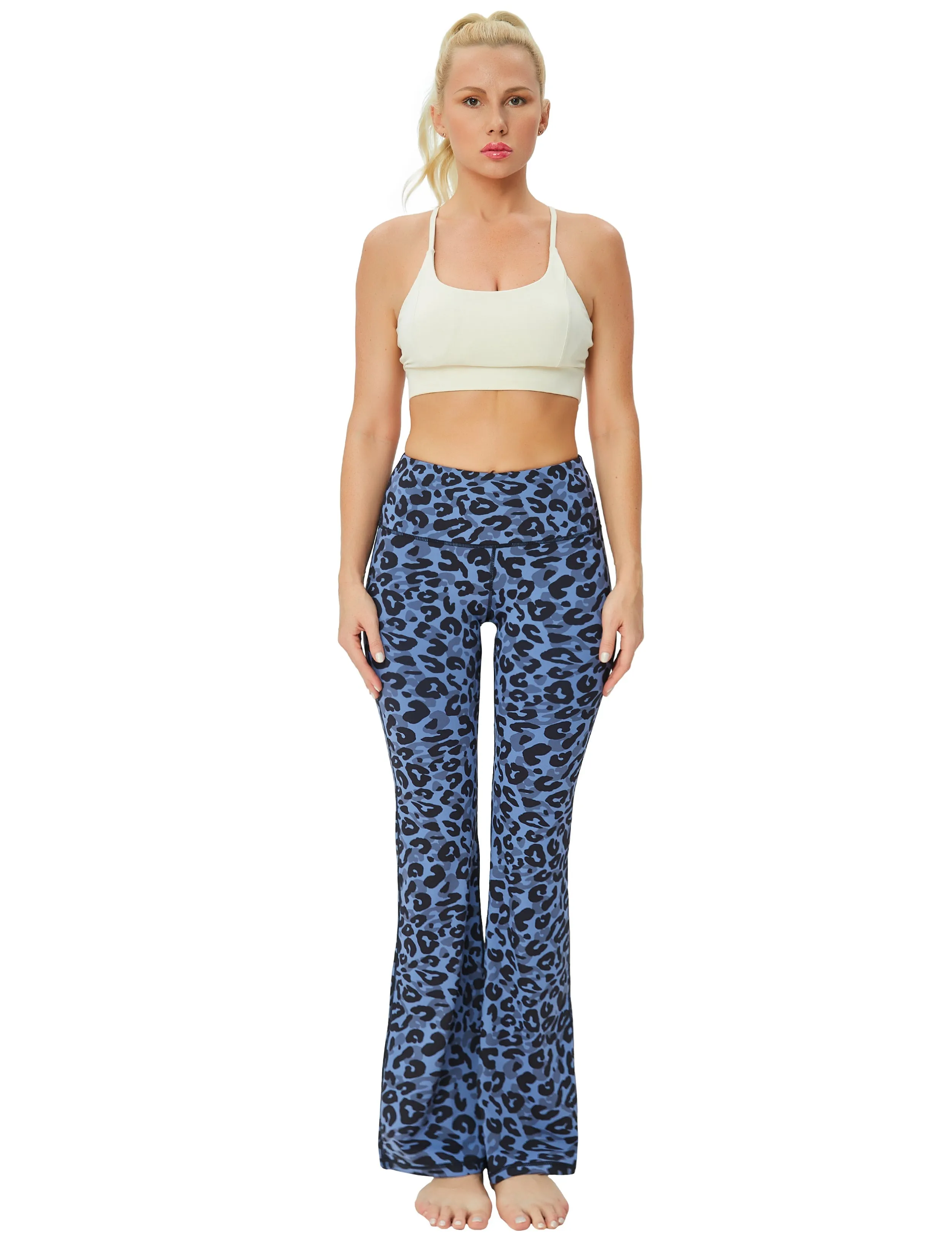 29" 31" 33" 35" 37" High Waist Printed Bootcut Leggings navy_leopard_yogastudio