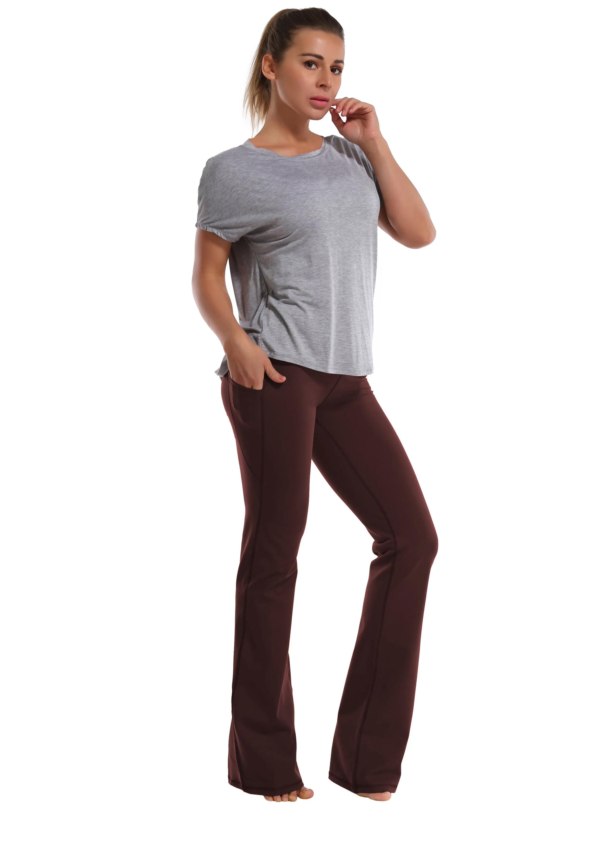 29" 31" 33" 35" 37"  Side Pockets Bootcut Leggings mahoganymaroon_Jogging
