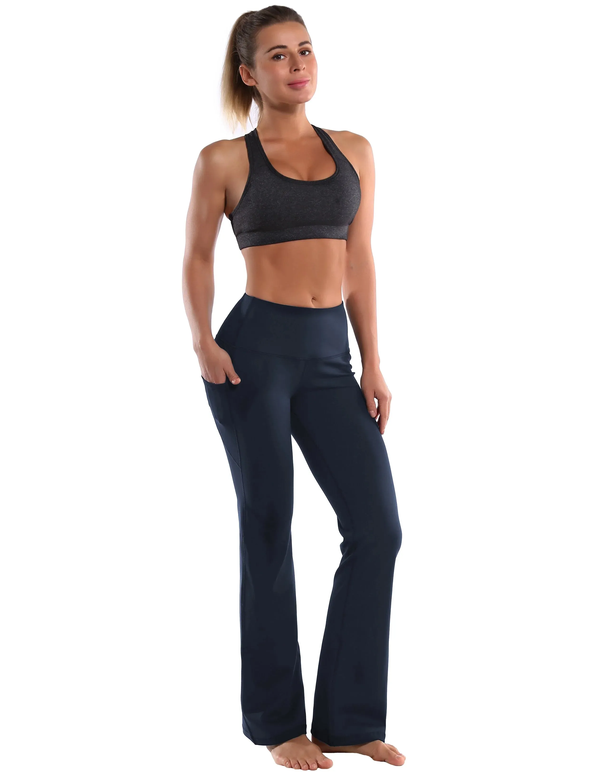 29" 31" 33" 35" 37"  Side Pockets Bootcut Leggings navyblue_yogastudio