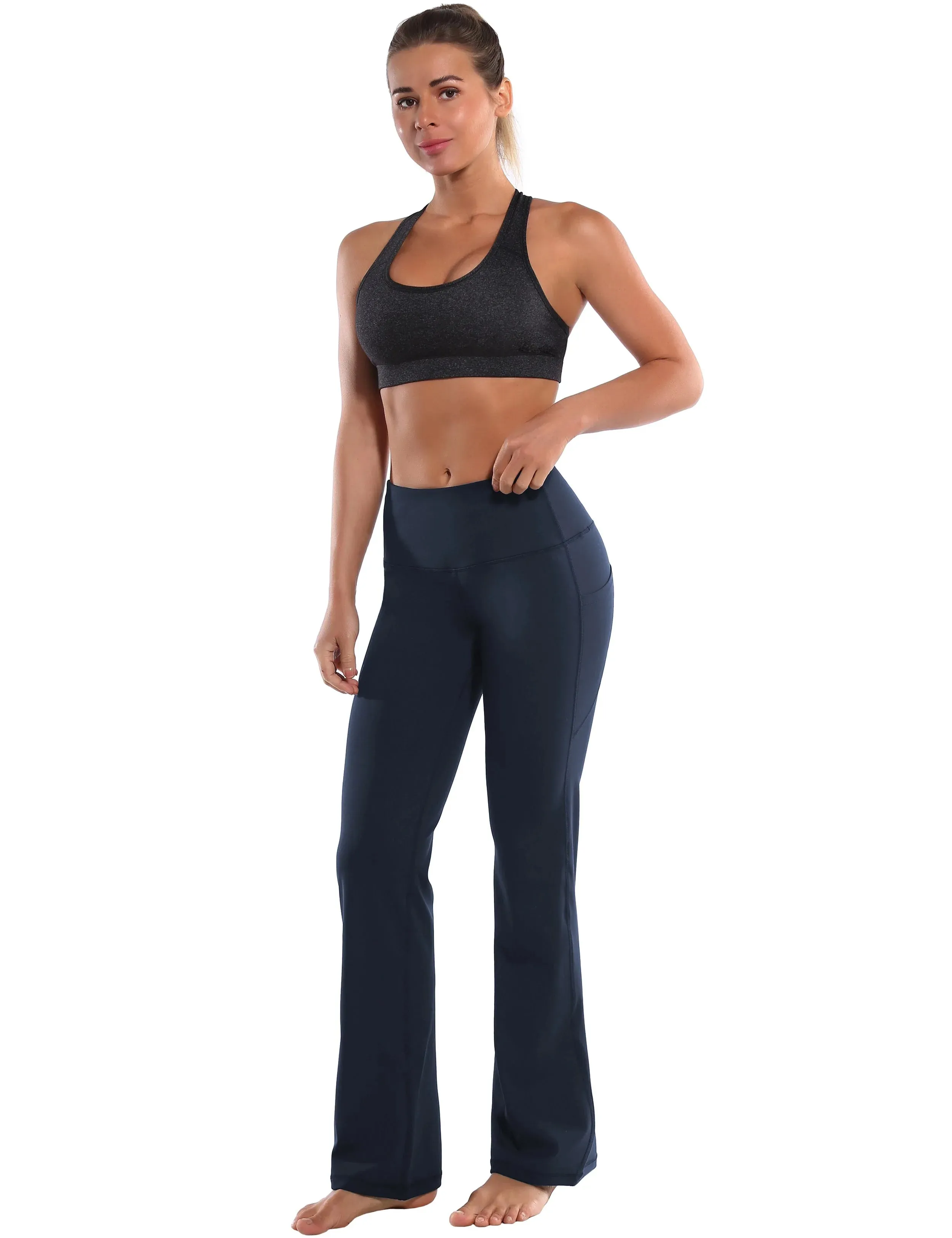29" 31" 33" 35" 37"  Side Pockets Bootcut Leggings navyblue_yogastudio