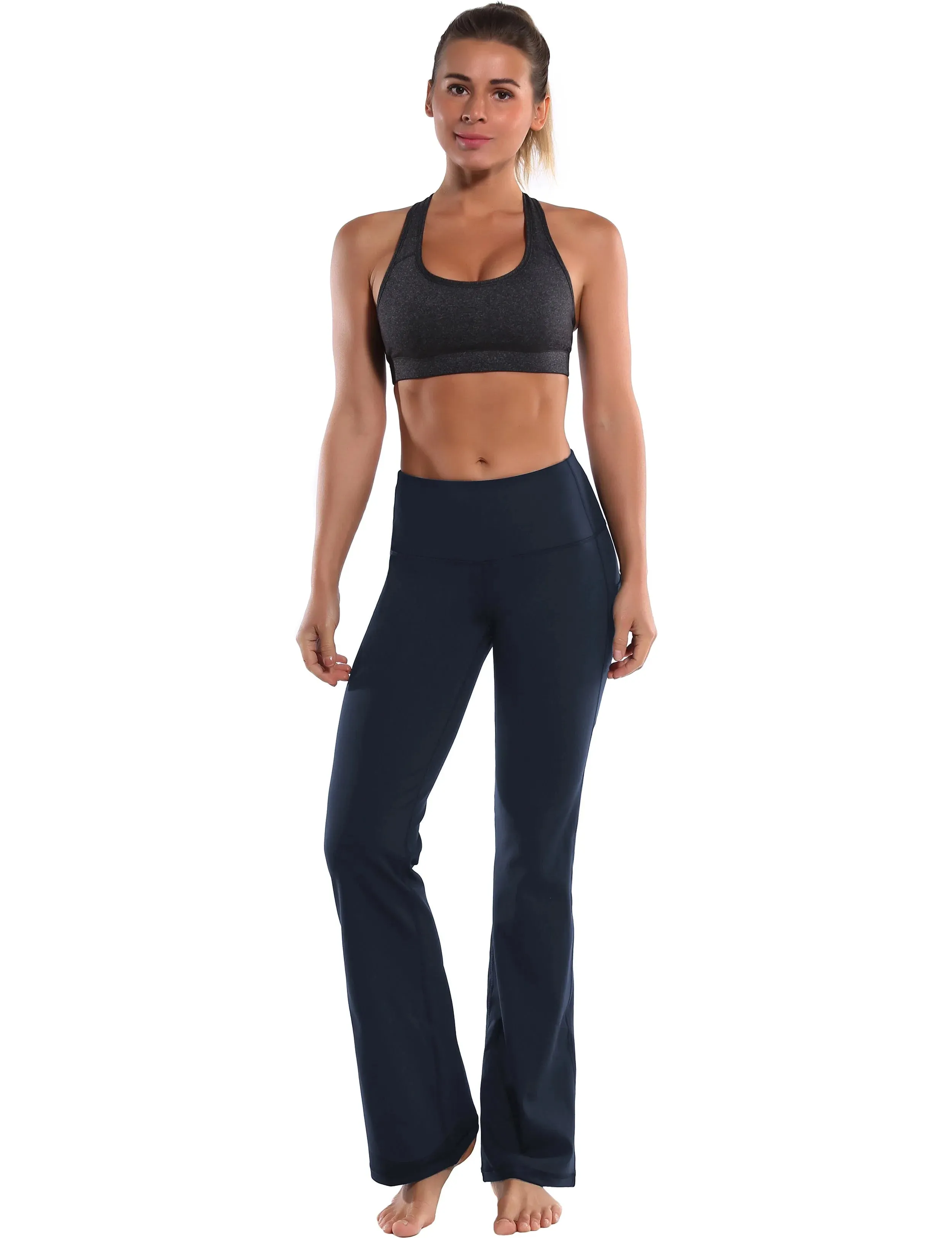 29" 31" 33" 35" 37"  Side Pockets Bootcut Leggings navyblue_yogastudio