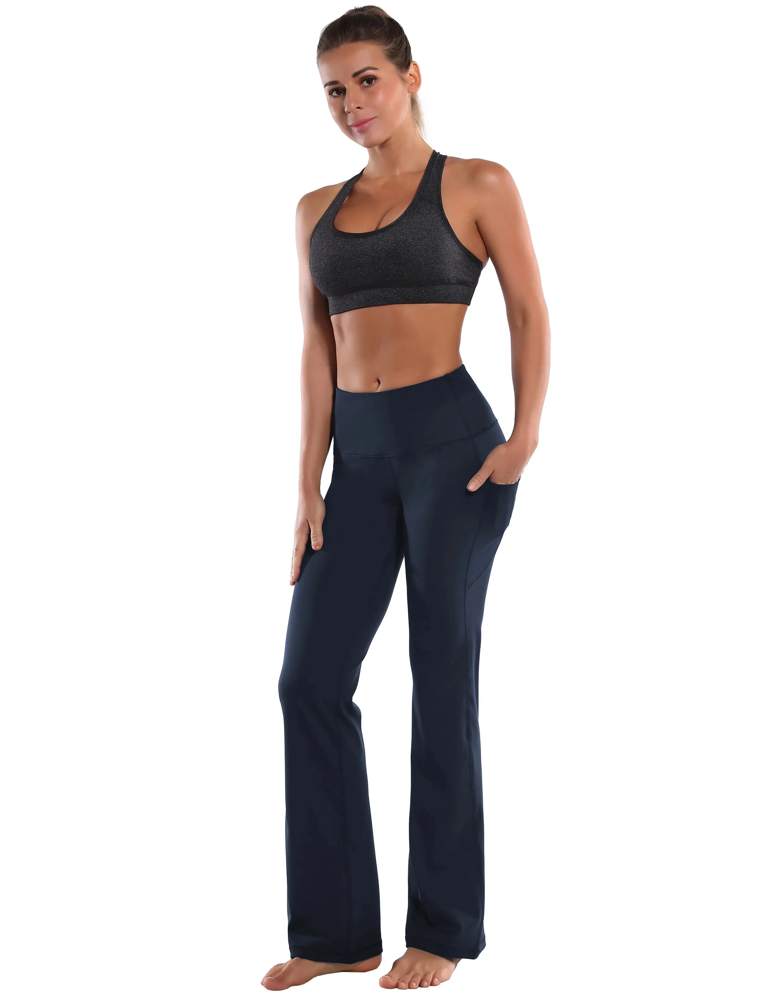 29" 31" 33" 35" 37"  Side Pockets Bootcut Leggings navyblue_yogastudio