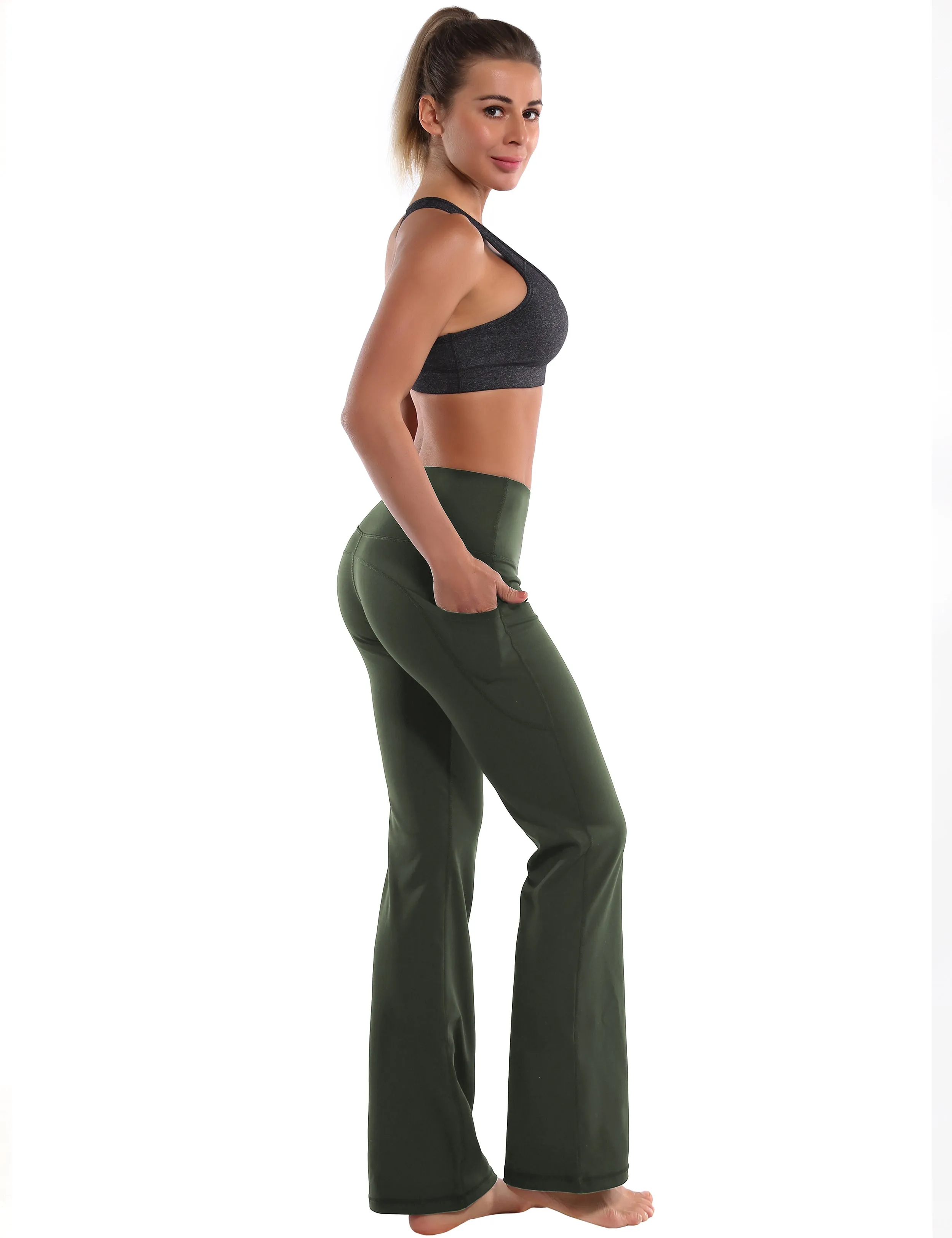 29" 31" 33" 35" 37"  Side Pockets Bootcut Leggings olivegreen_Plus Size