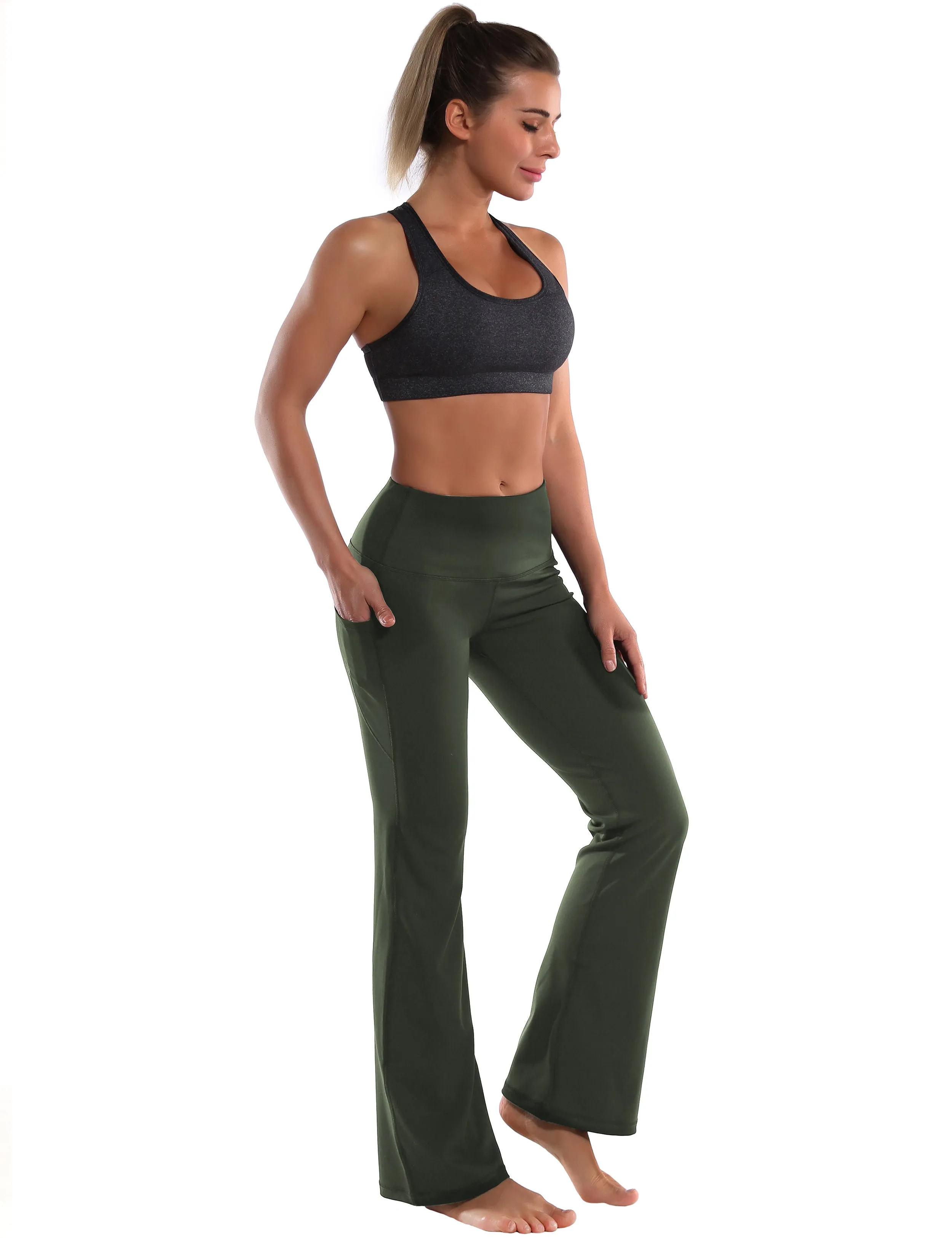 29" 31" 33" 35" 37"  Side Pockets Bootcut Leggings olivegreen_Plus Size