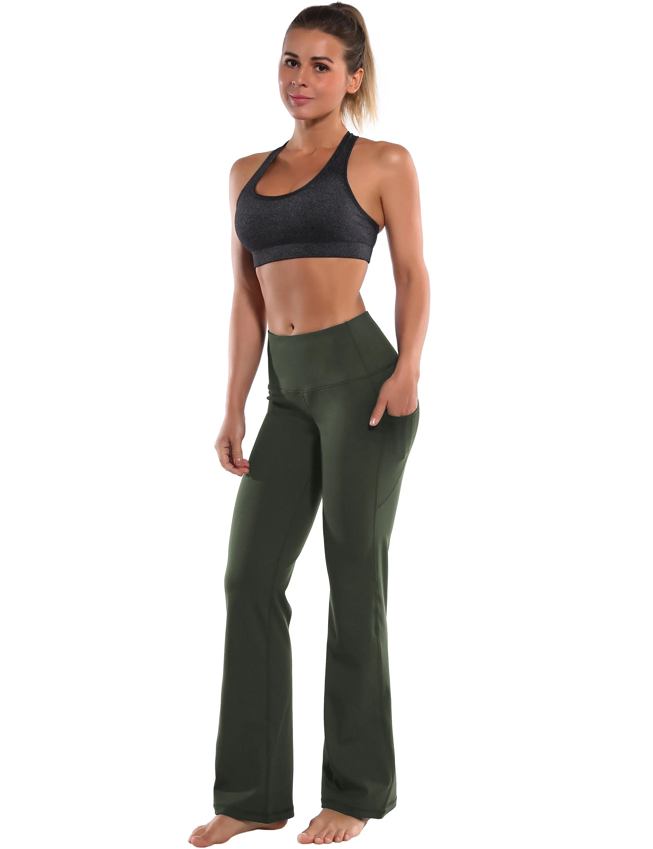 29" 31" 33" 35" 37"  Side Pockets Bootcut Leggings olivegreen_Plus Size
