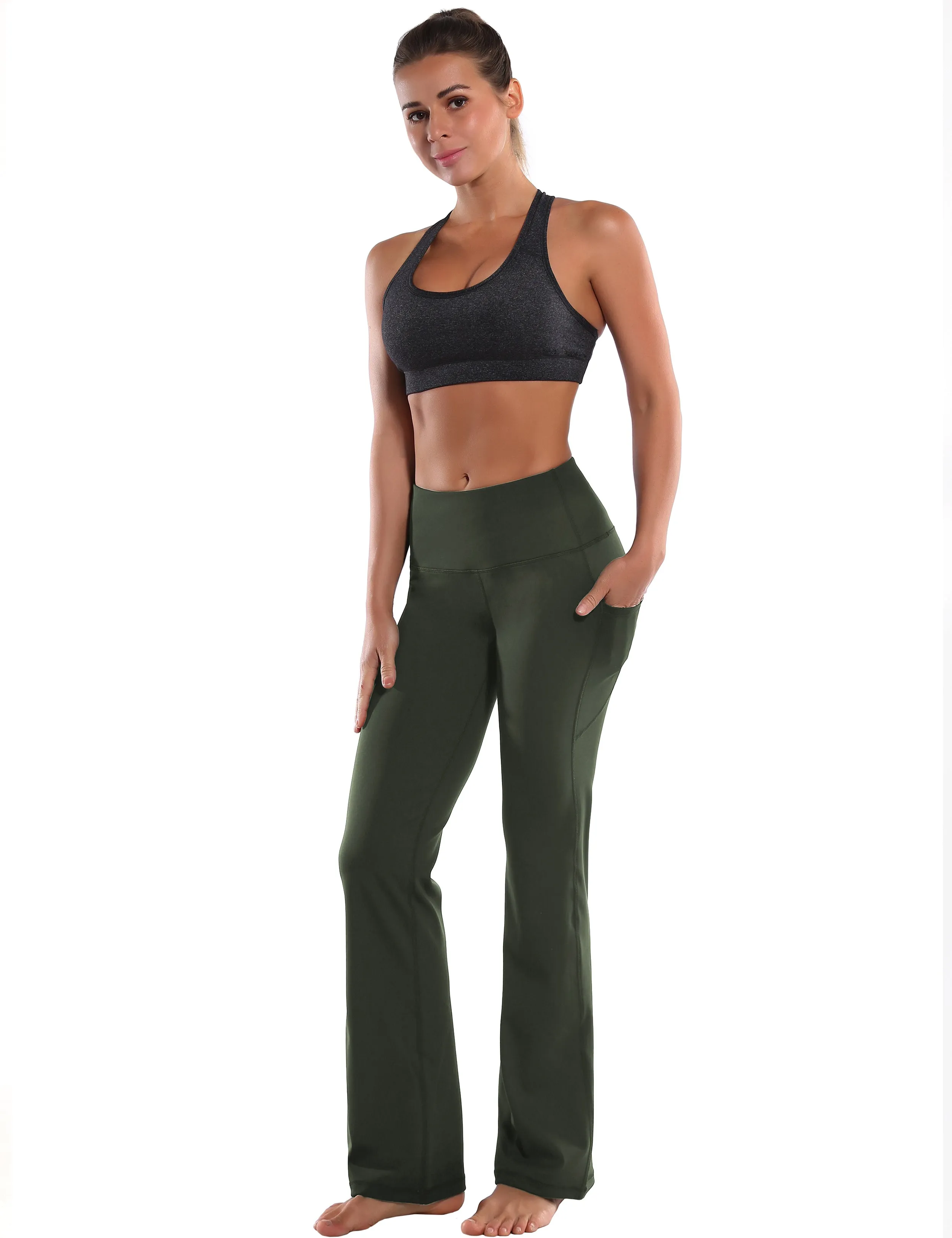 29" 31" 33" 35" 37"  Side Pockets Bootcut Leggings olivegreen_Plus Size