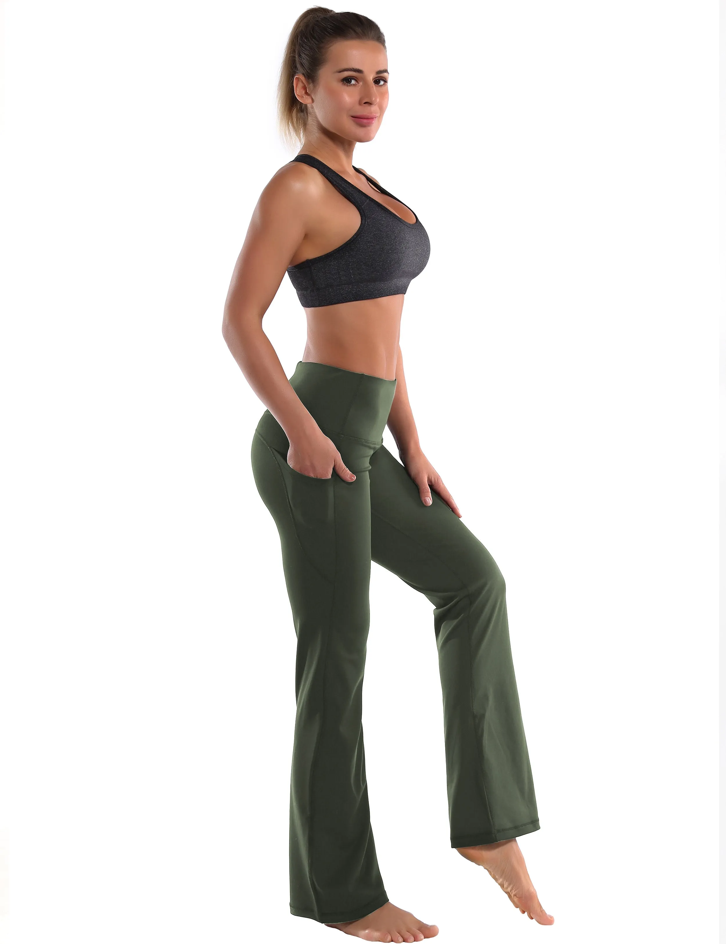 29" 31" 33" 35" 37"  Side Pockets Bootcut Leggings olivegreen_Plus Size