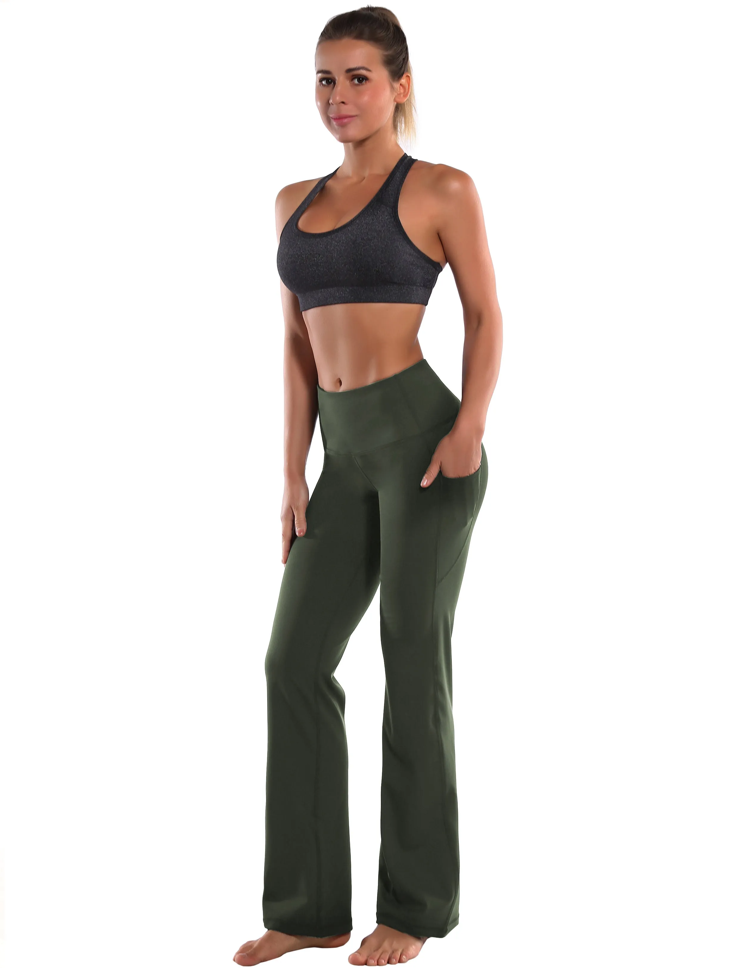 29" 31" 33" 35" 37"  Side Pockets Bootcut Leggings olivegreen_Plus Size
