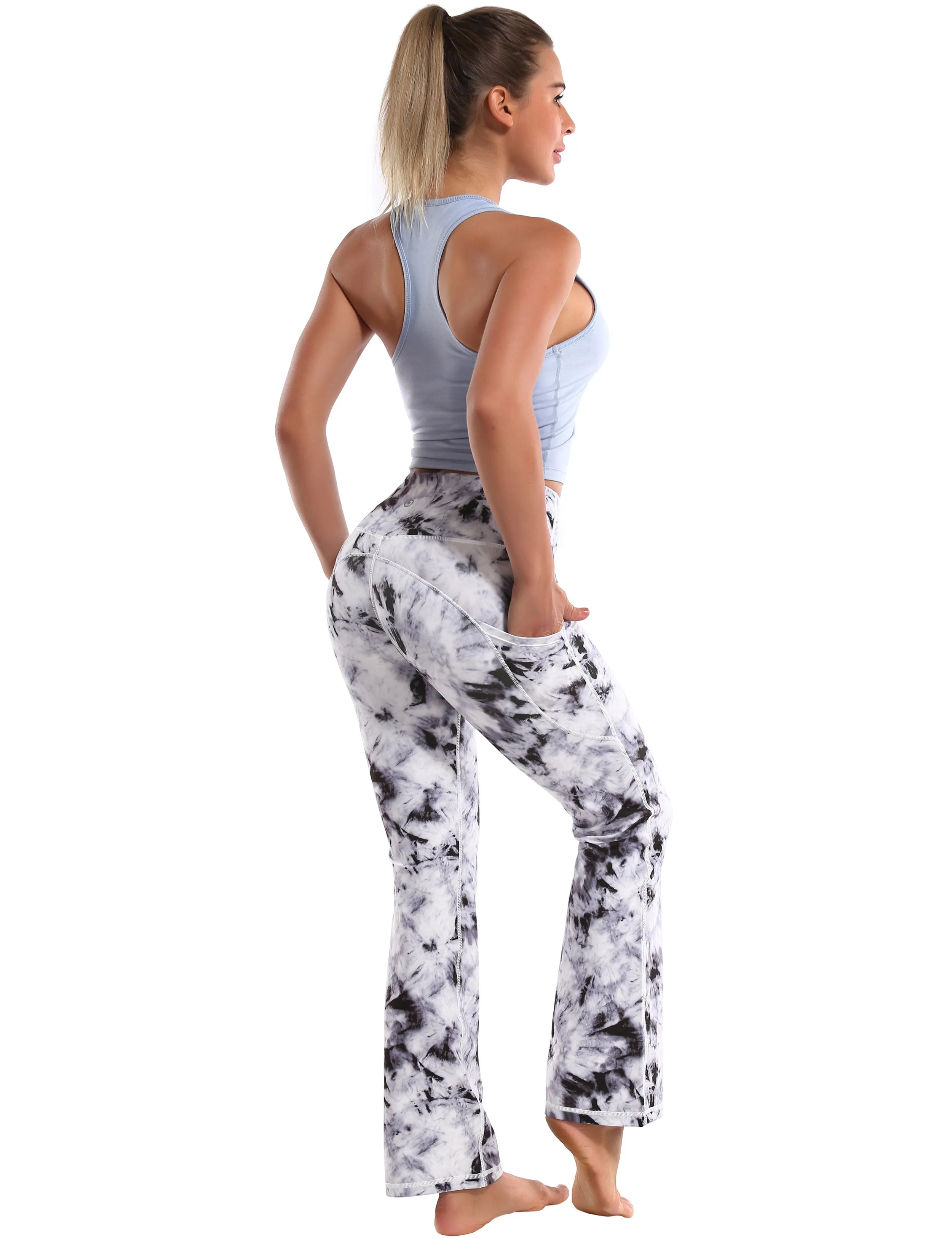 29" 31" 33" 35" 37"  Side Pockets Printed Bootcut Leggings black dandelion ins_Tall Size