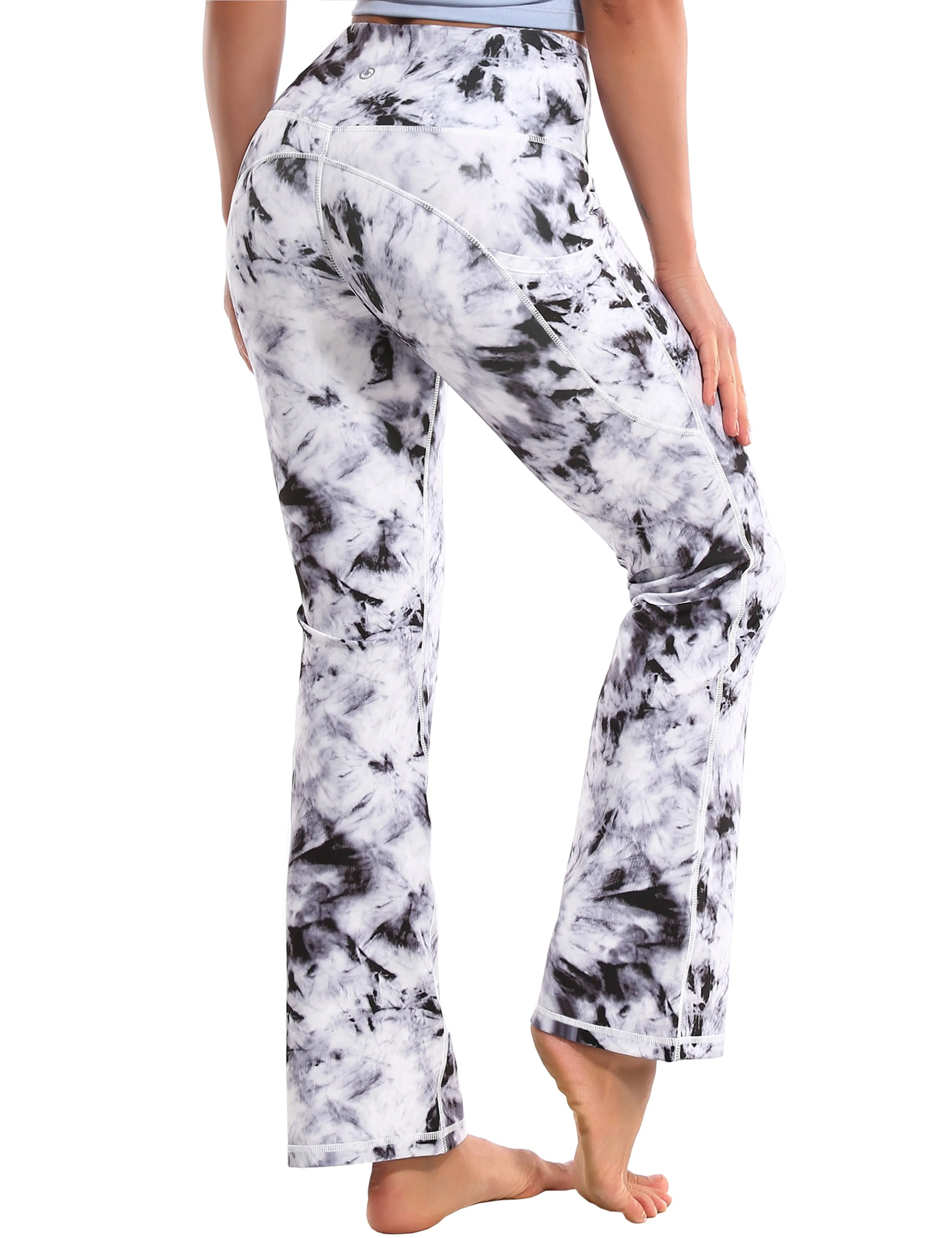 29" 31" 33" 35" 37"  Side Pockets Printed Bootcut Leggings black dandelion_Plus Size