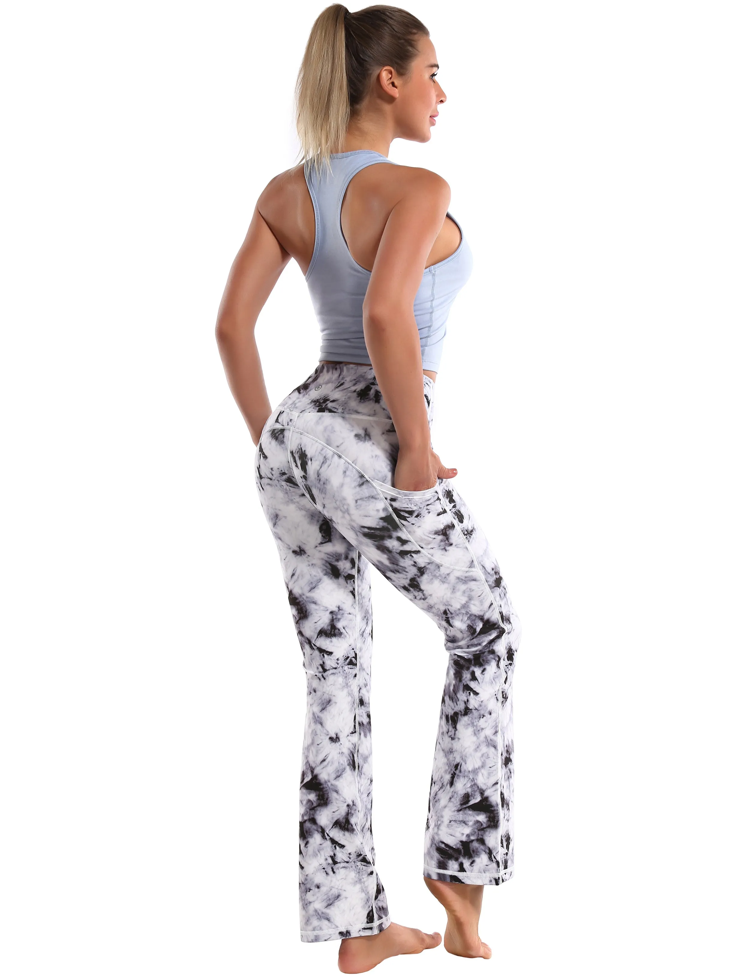 29" 31" 33" 35" 37"  Side Pockets Printed Bootcut Leggings black dandelion_Plus Size