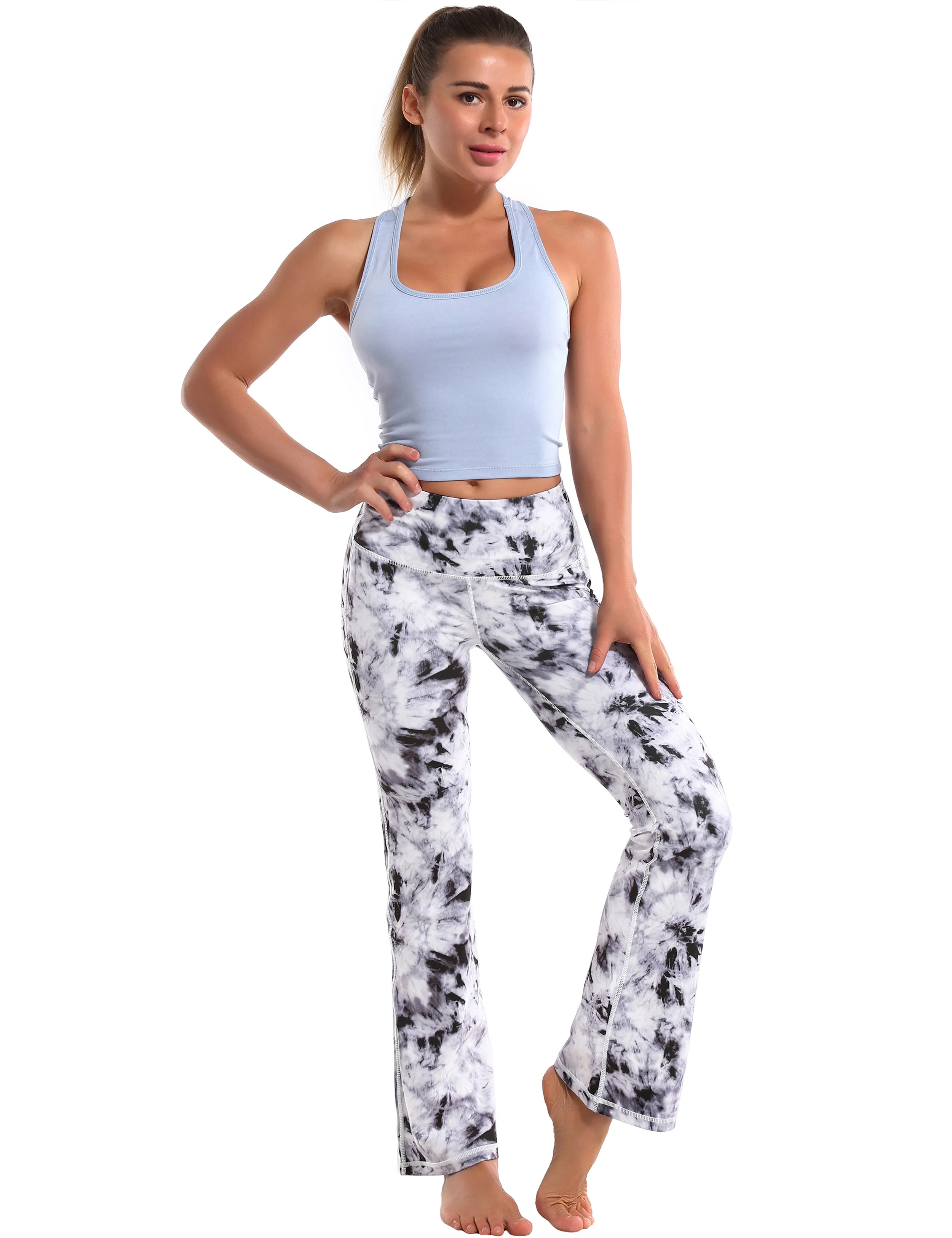 29" 31" 33" 35" 37"  Side Pockets Printed Bootcut Leggings black dandelion_Plus Size
