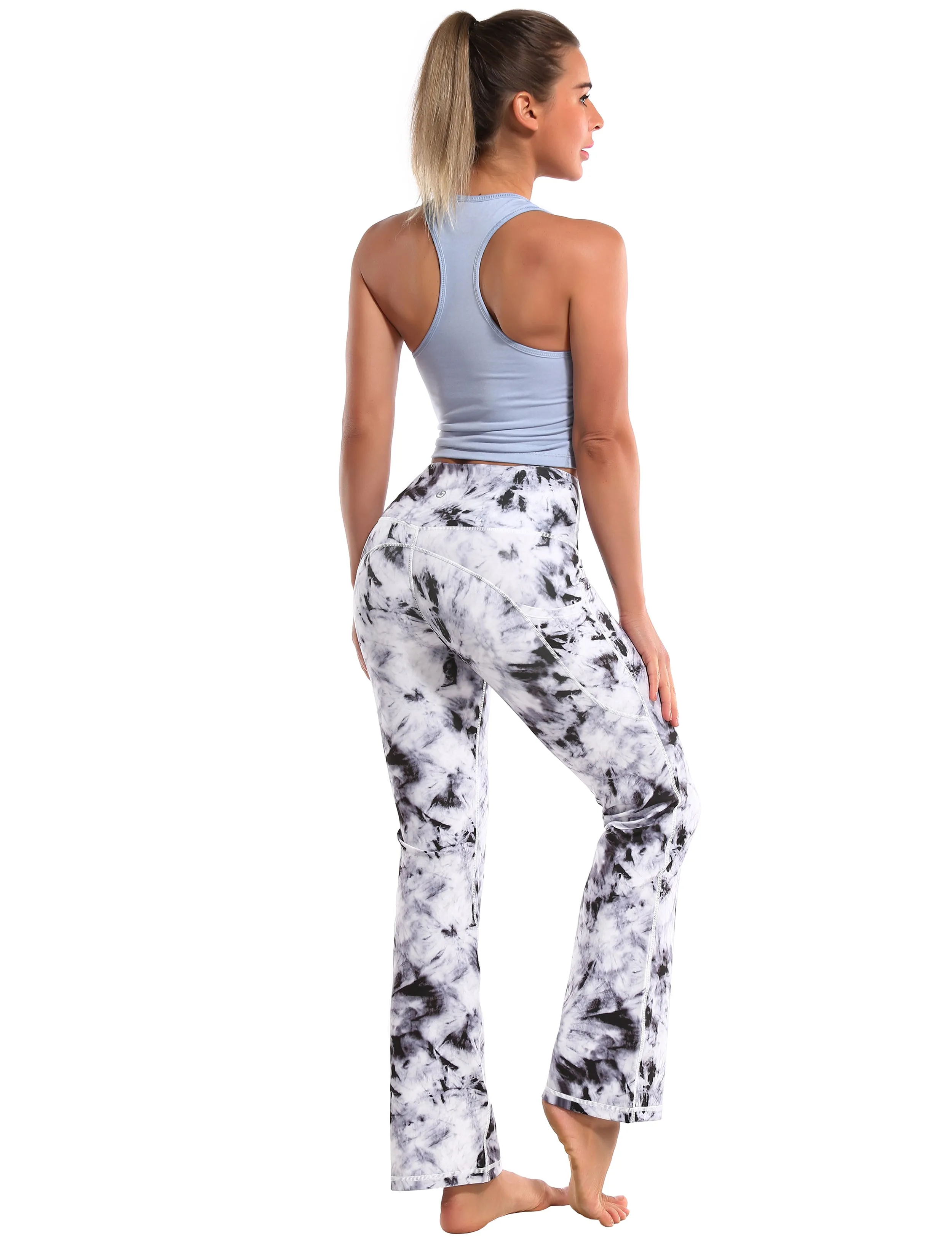 29" 31" 33" 35" 37"  Side Pockets Printed Bootcut Leggings black dandelion_Plus Size