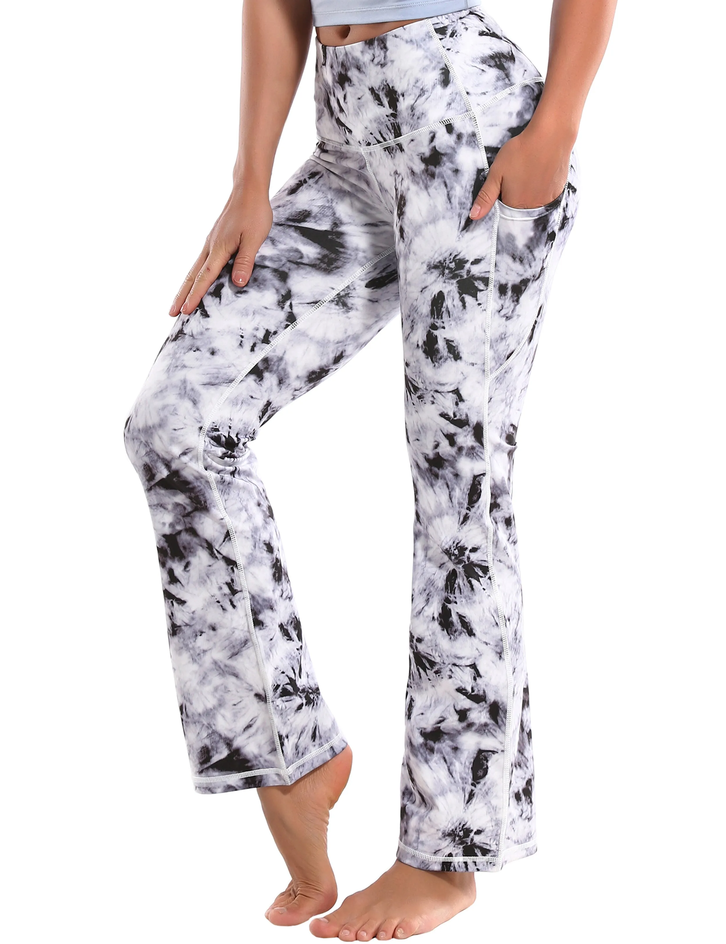 29" 31" 33" 35" 37"  Side Pockets Printed Bootcut Leggings black dandelion_Plus Size