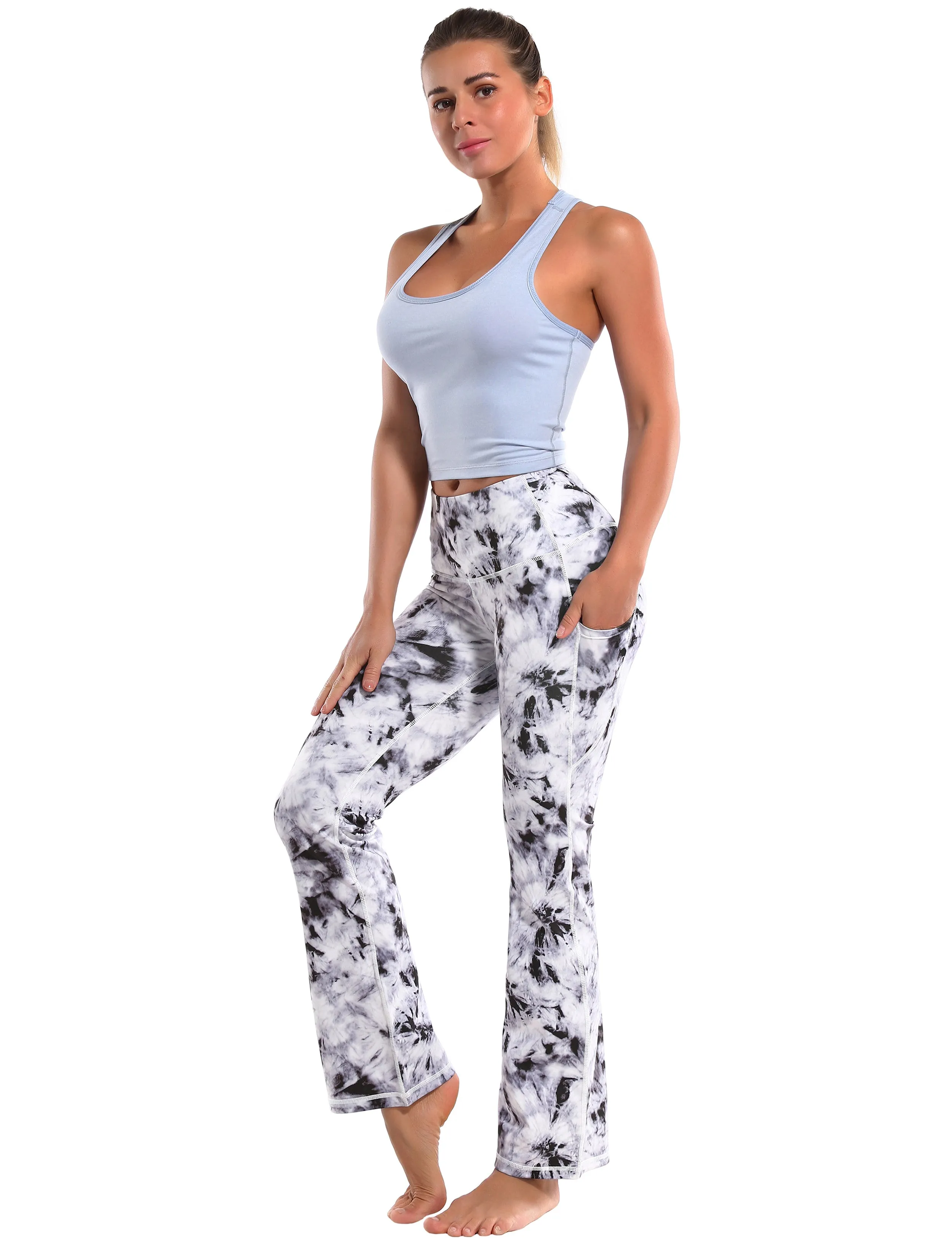 29" 31" 33" 35" 37"  Side Pockets Printed Bootcut Leggings black dandelion_Plus Size