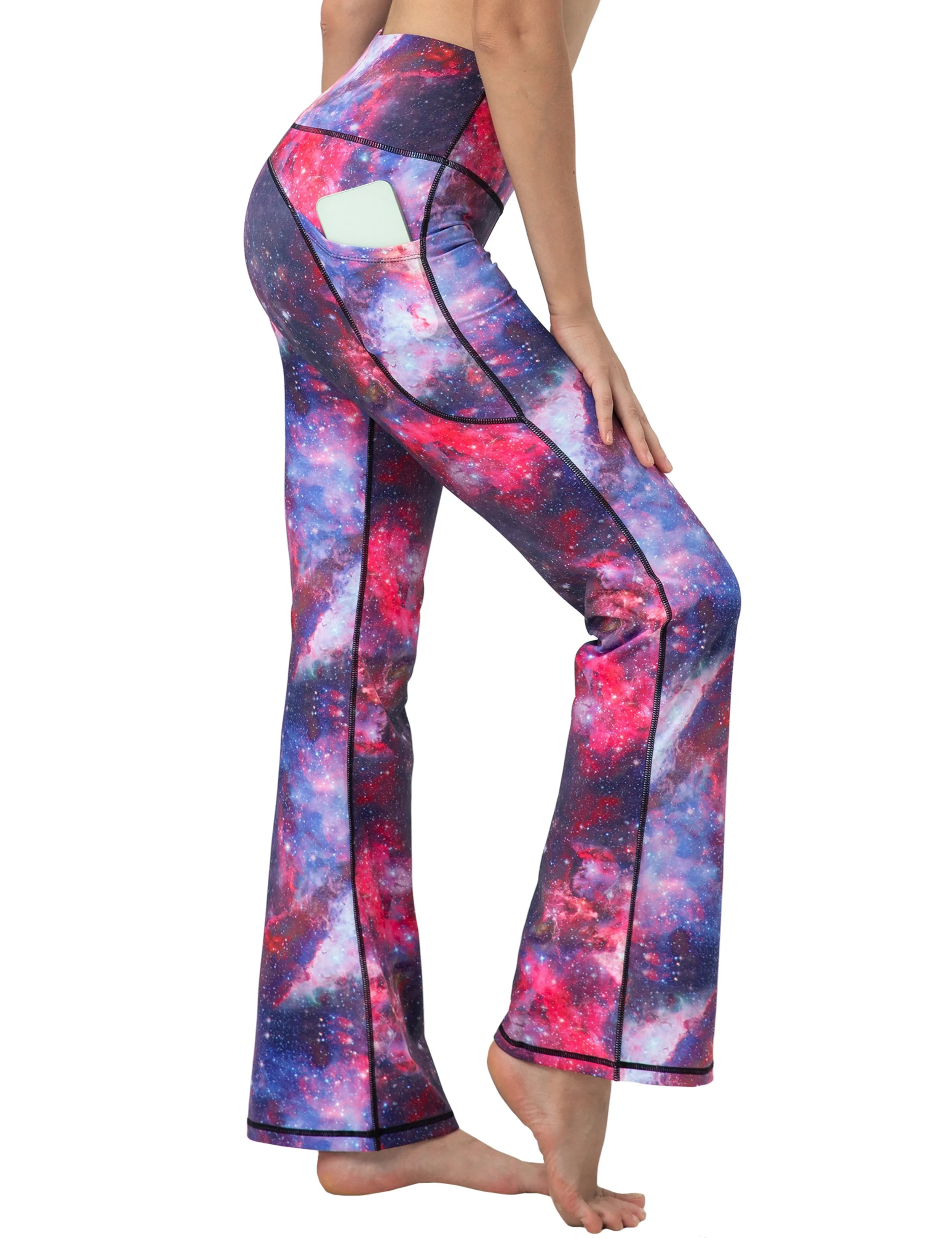 29" 31" 33" 35" 37"  Side Pockets Printed Bootcut Leggings galaxy_Plus Size