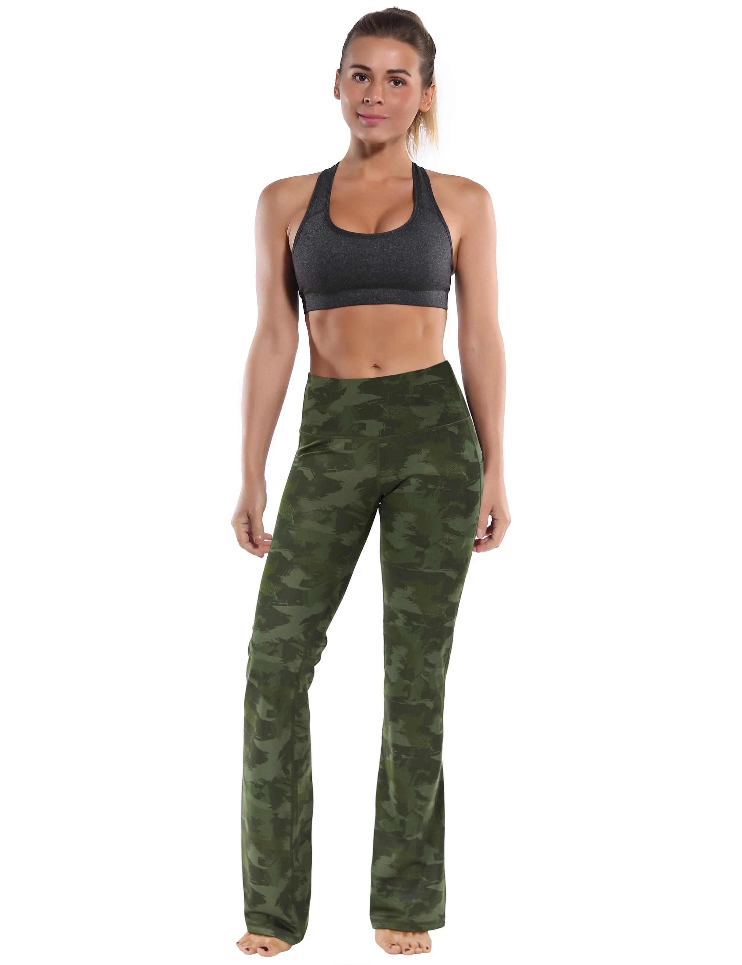 29" 31" 33" 35" 37"  Side Pockets Printed Bootcut Leggings green brushcamo_yogastudio