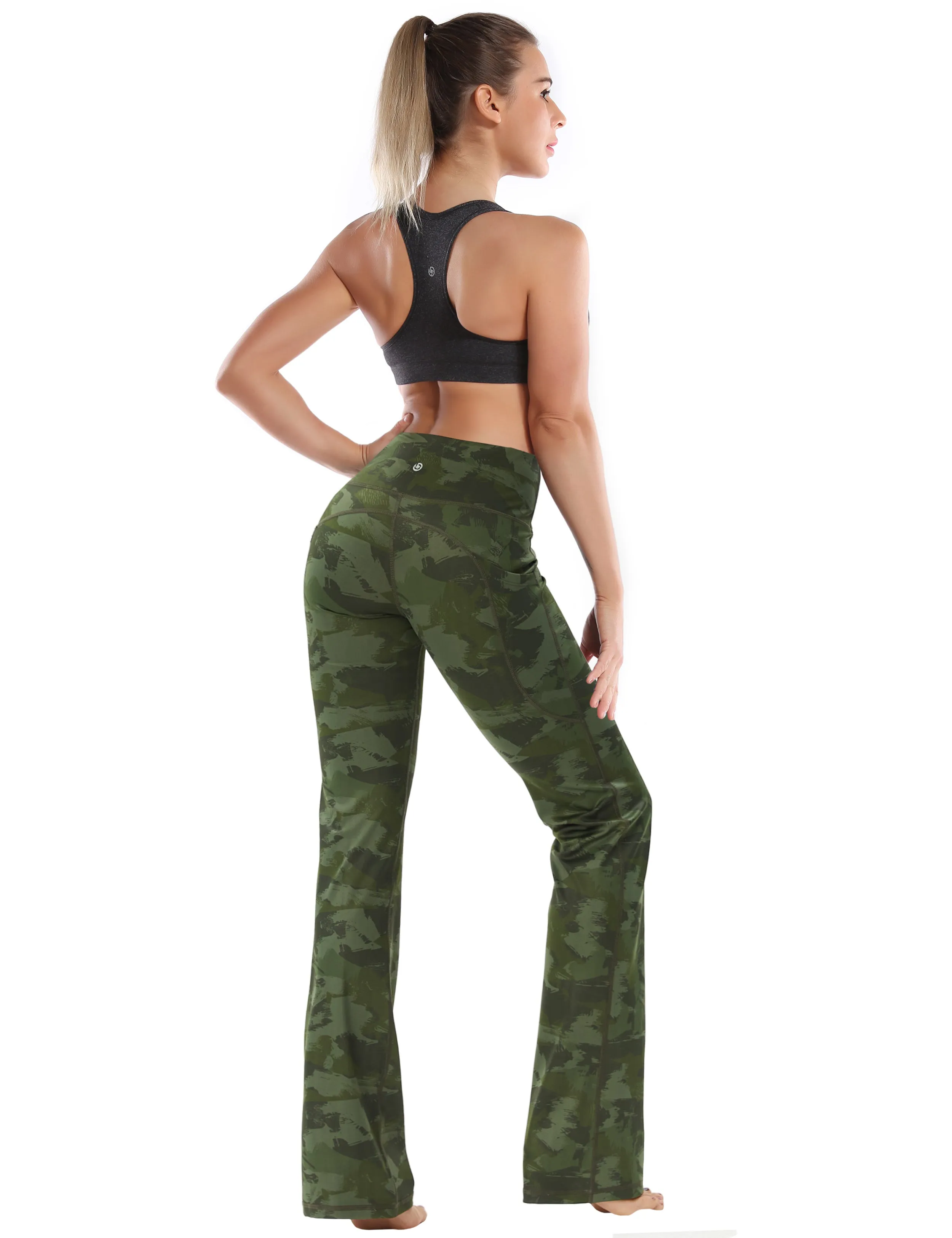 29" 31" 33" 35" 37"  Side Pockets Printed Bootcut Leggings green brushcamo_yogastudio