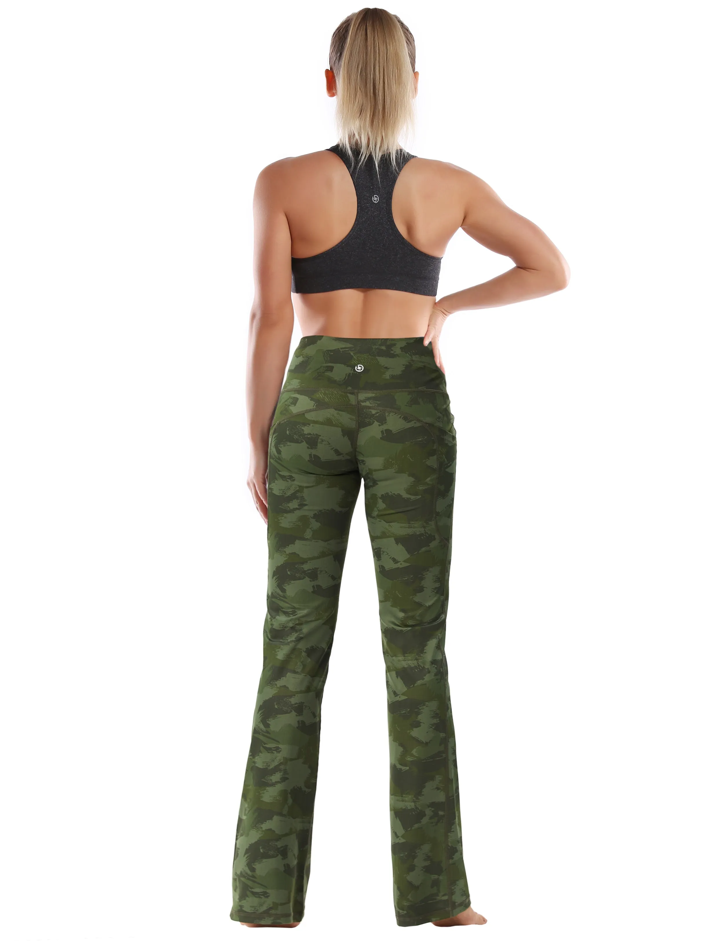 29" 31" 33" 35" 37"  Side Pockets Printed Bootcut Leggings green brushcamo_yogastudio