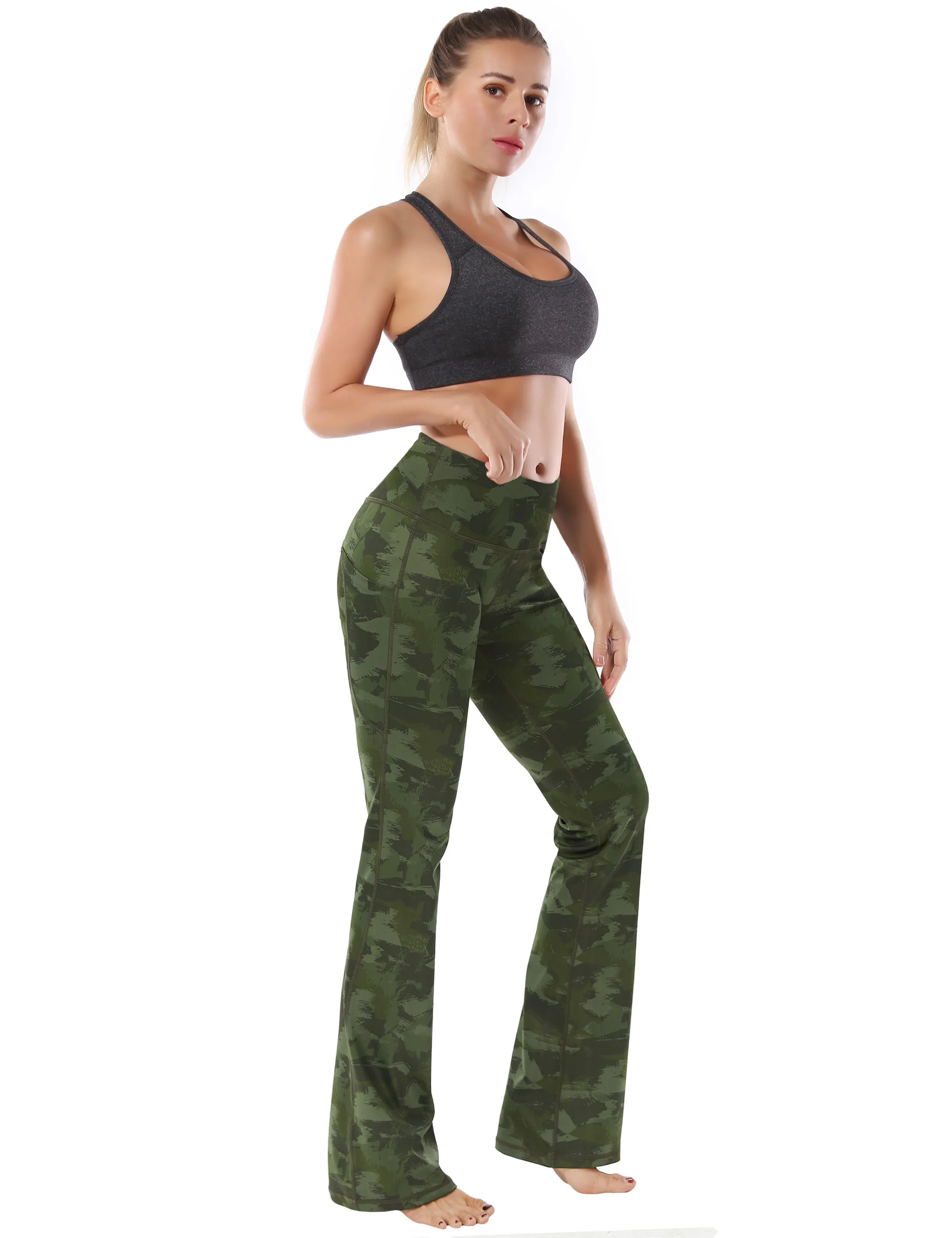 29" 31" 33" 35" 37"  Side Pockets Printed Bootcut Leggings green brushcamo_yogastudio