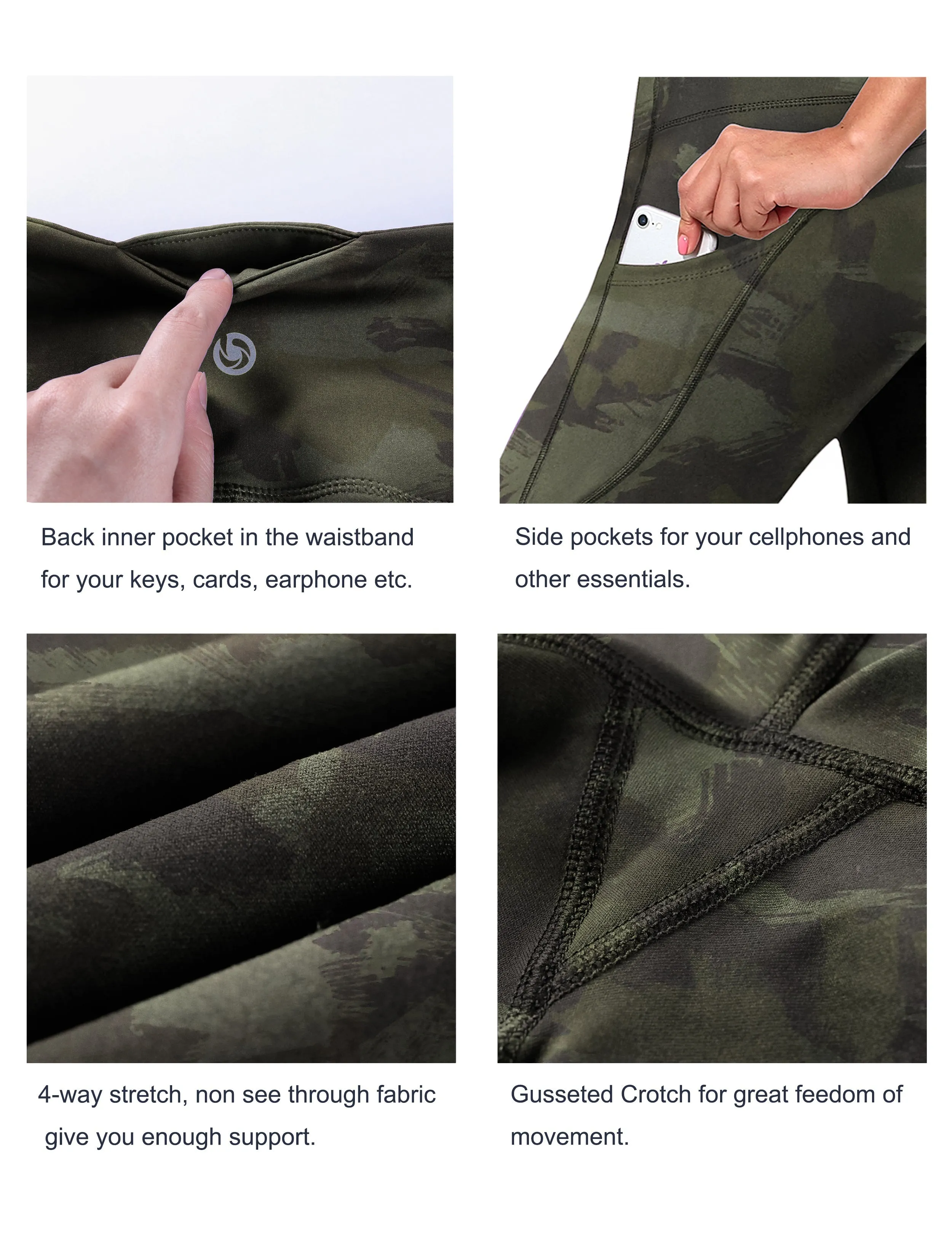 29" 31" 33" 35" 37"  Side Pockets Printed Bootcut Leggings green brushcamo_yogastudio