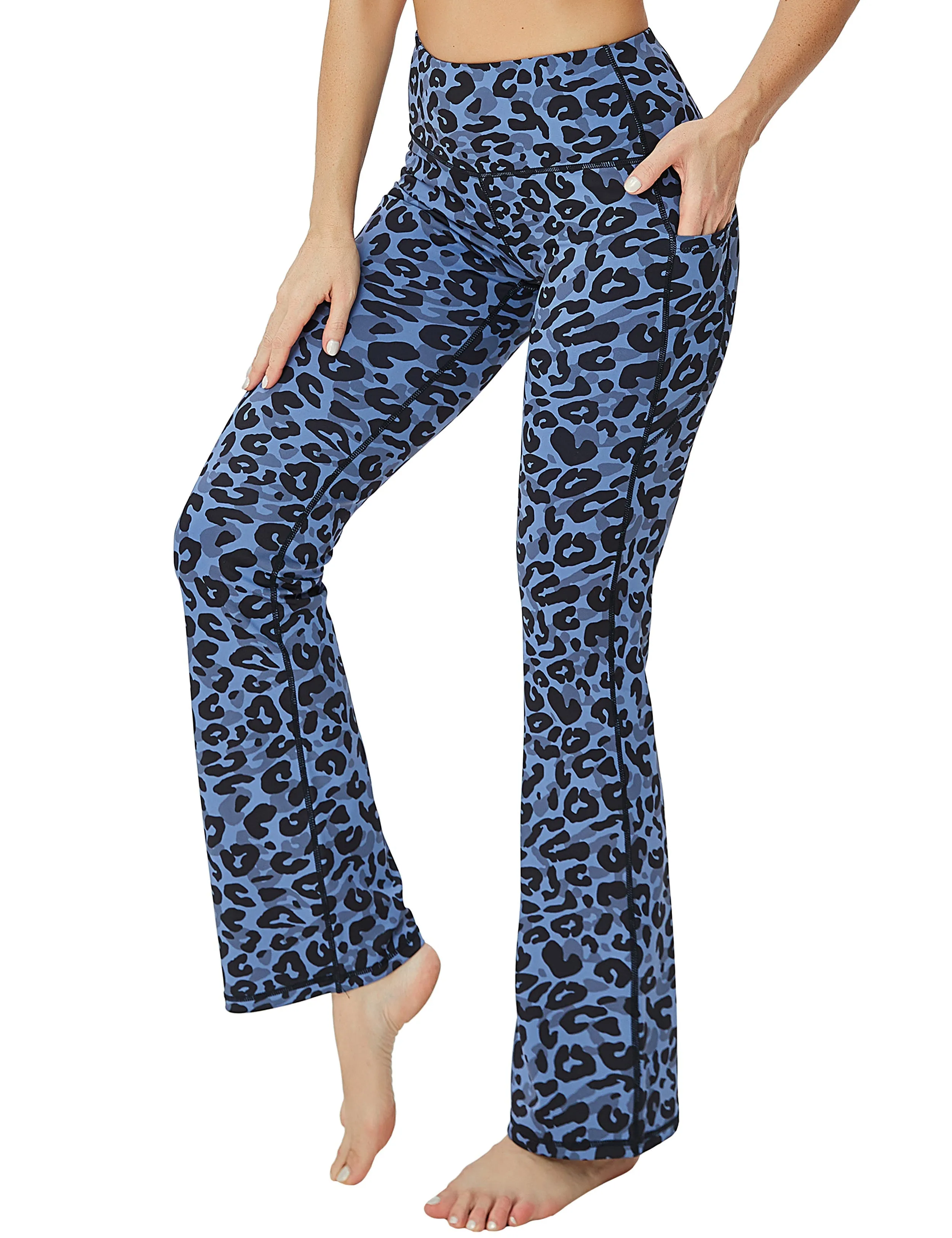 29" 31" 33" 35" 37"  Side Pockets Printed Bootcut Leggings navy_leopard_yogastudio