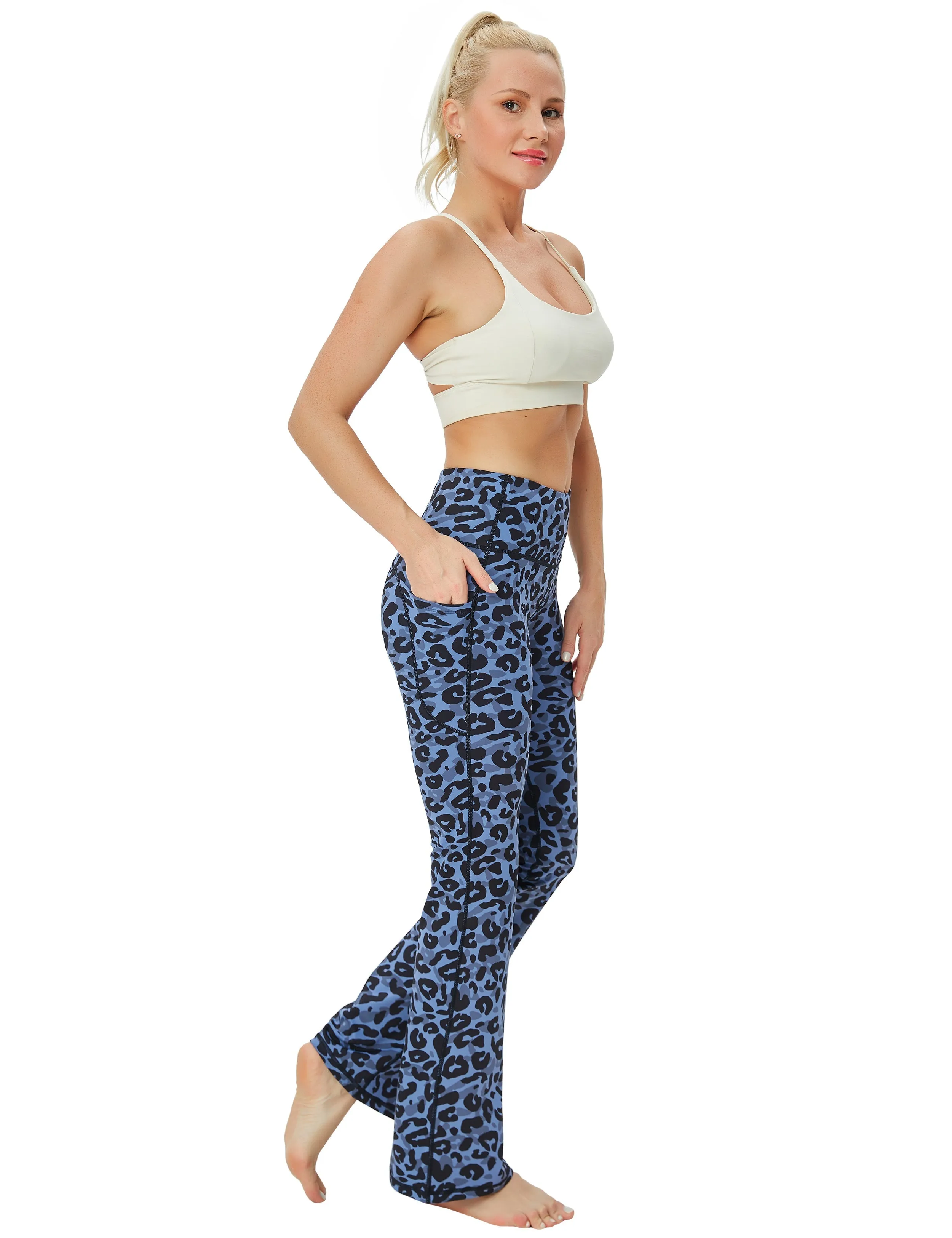 29" 31" 33" 35" 37"  Side Pockets Printed Bootcut Leggings navy_leopard_yogastudio