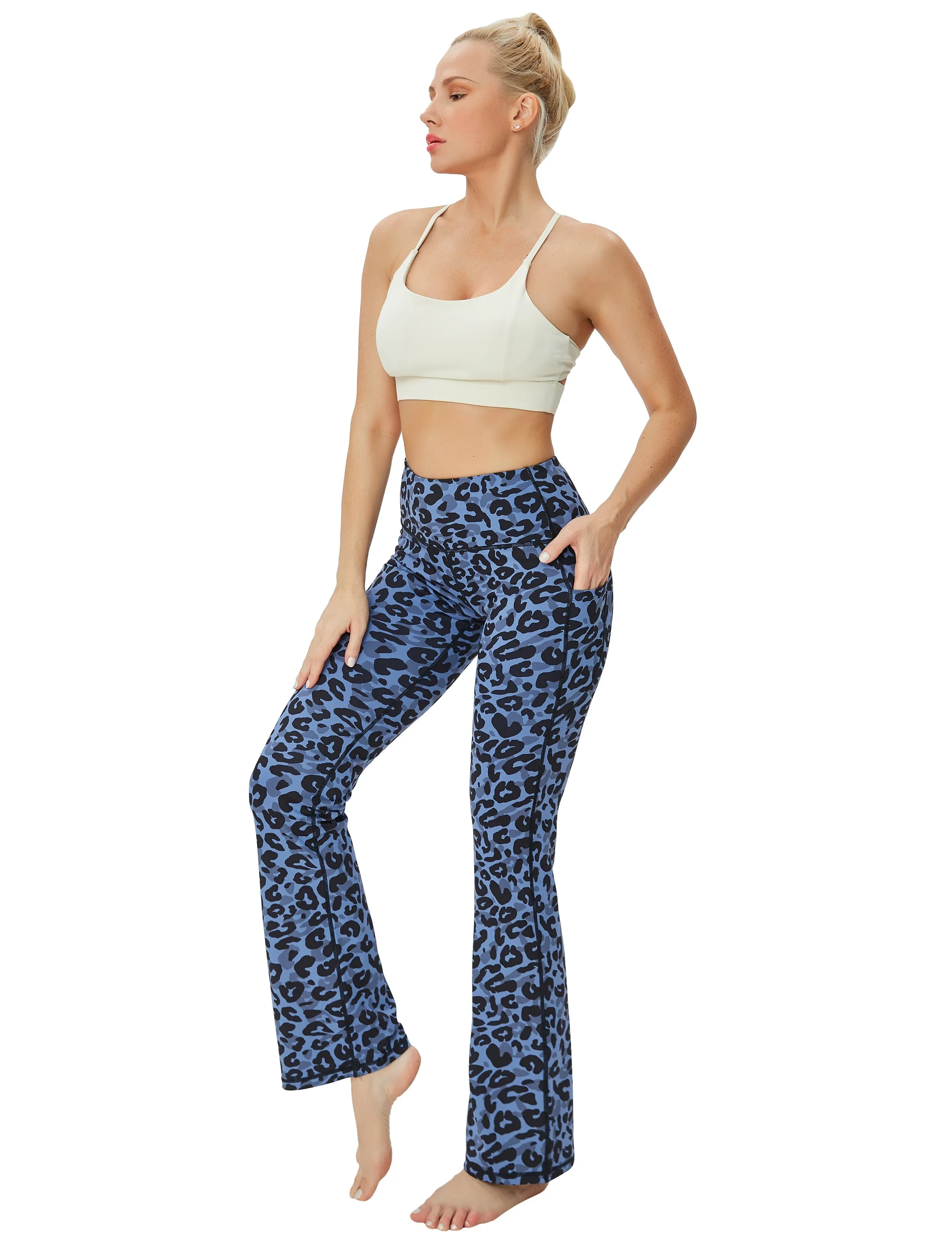 29" 31" 33" 35" 37"  Side Pockets Printed Bootcut Leggings navy_leopard_yogastudio