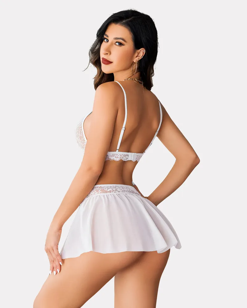 3 Piece Sets Lace Bralette, Skirt with Panty