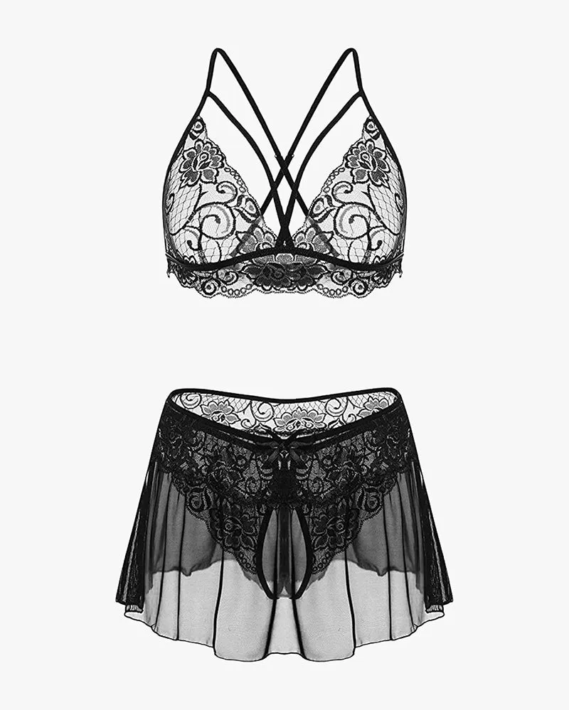 3 Piece Sets Lace Bralette, Skirt with Panty