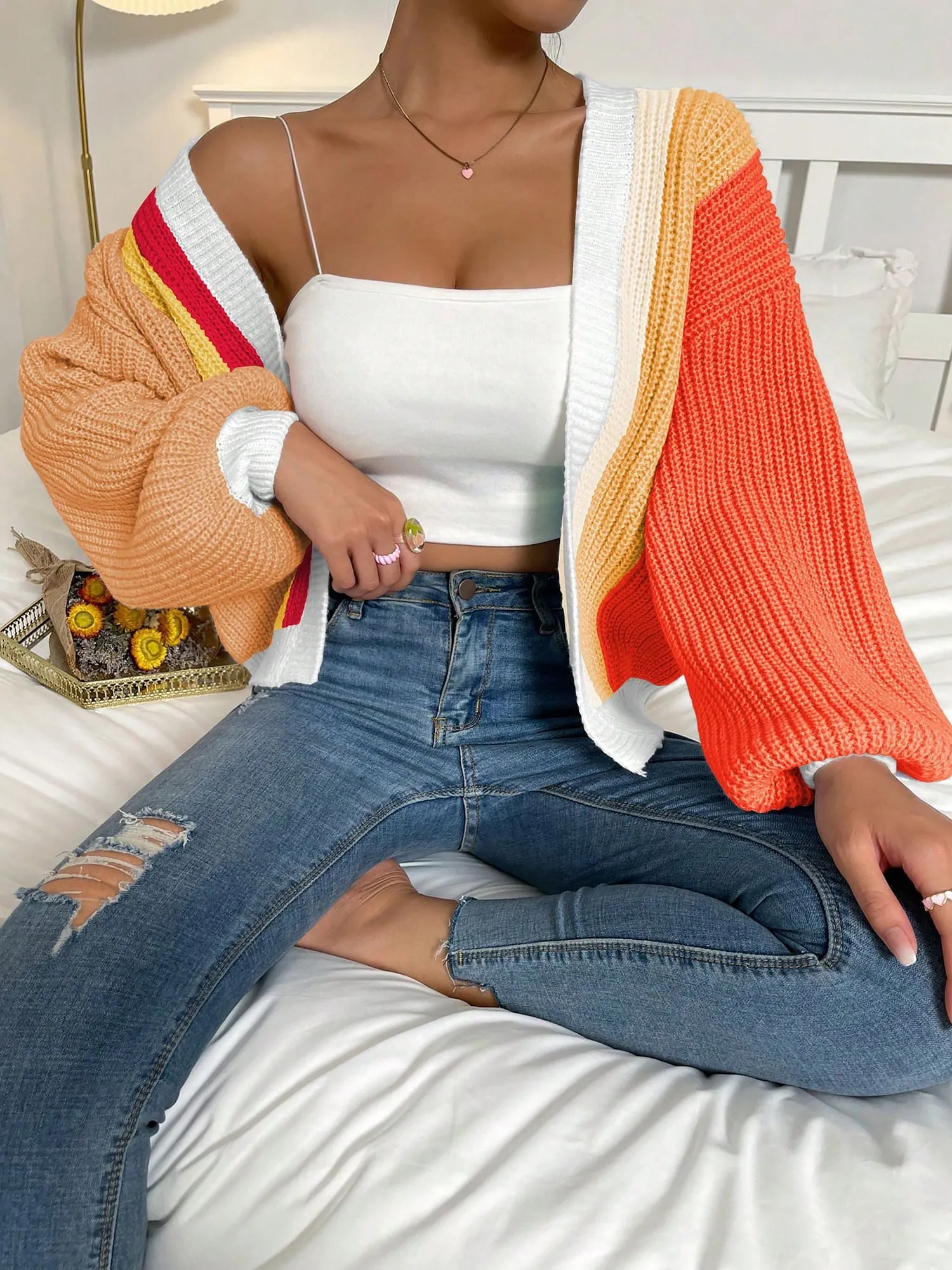 Coloblock Long Lantern Sleeve Ribbed Knit Cardigan