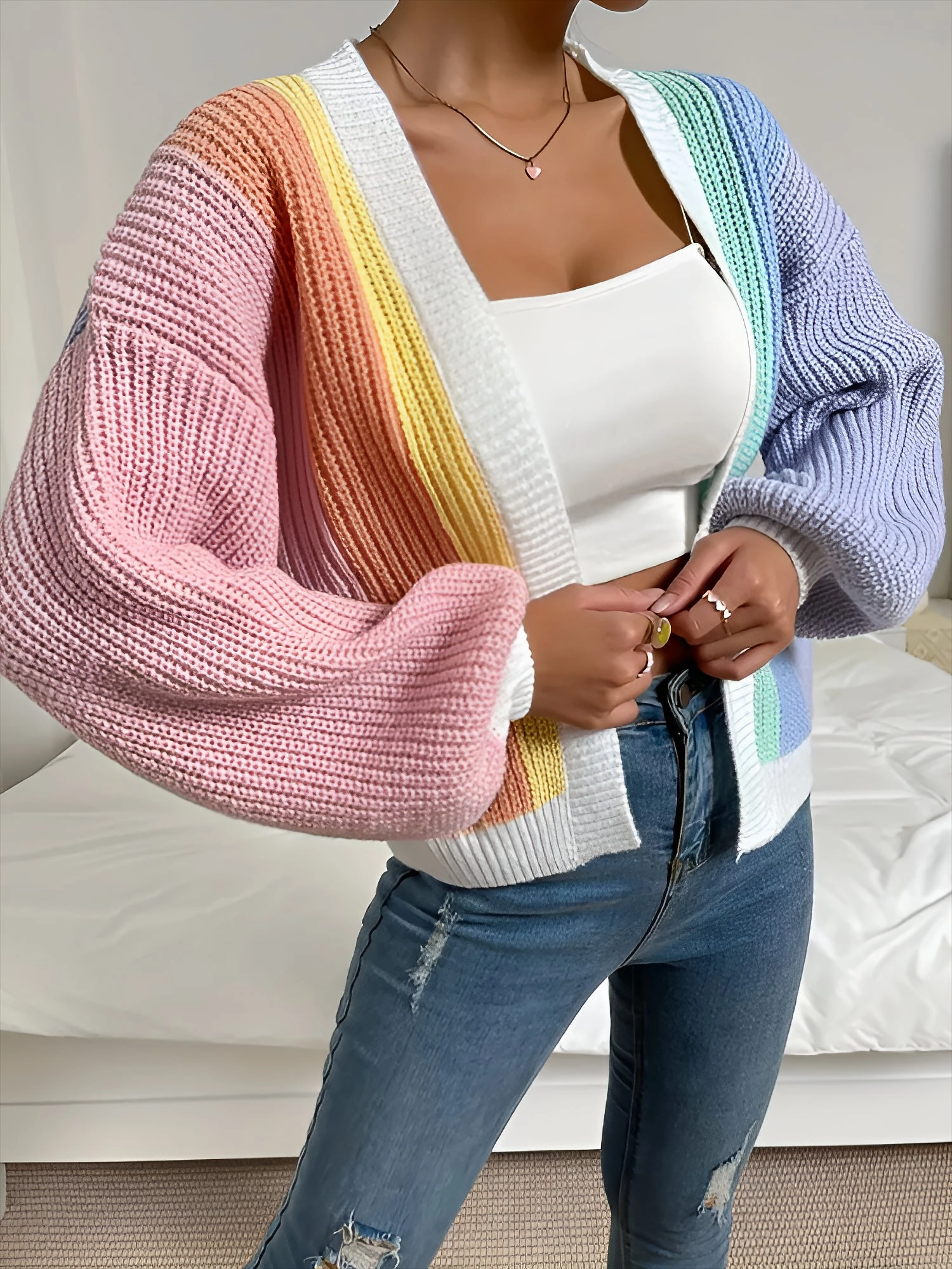 Coloblock Long Lantern Sleeve Ribbed Knit Cardigan
