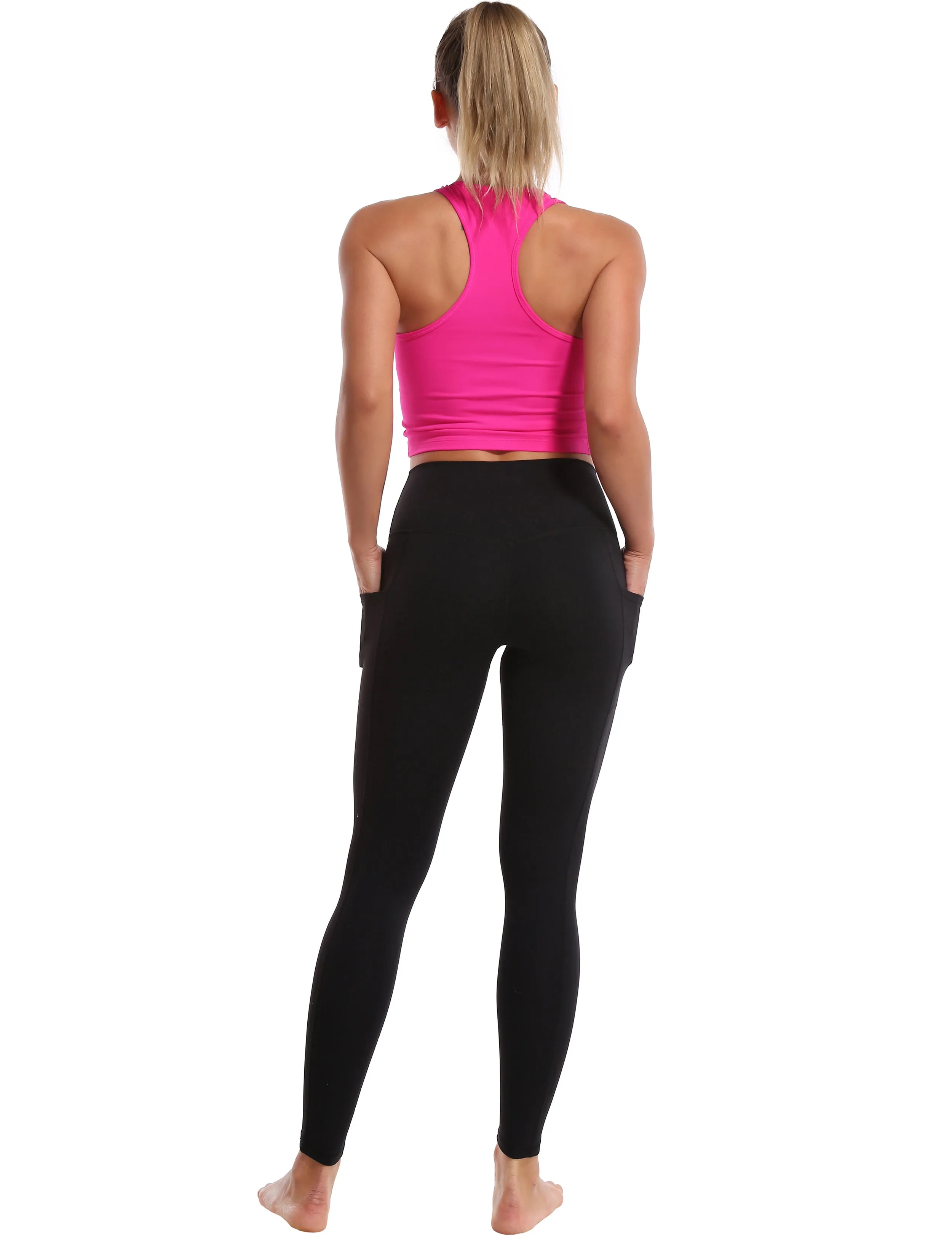 High Waisted Plus Size Pants 7/8 Length Leggings with Pockets black_Plus Size