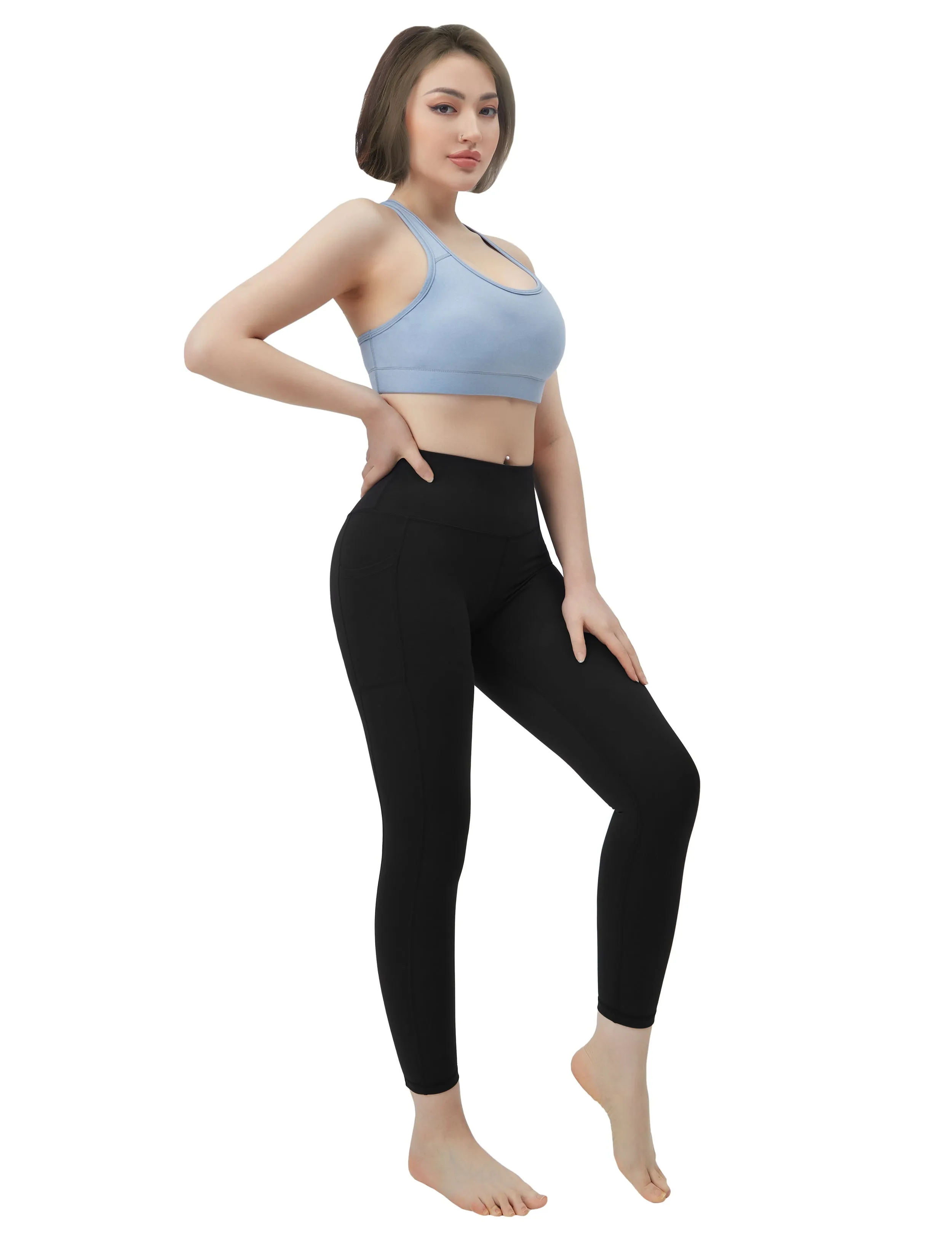 High Waisted Plus Size Pants 7/8 Length Leggings with Pockets black_Plus Size