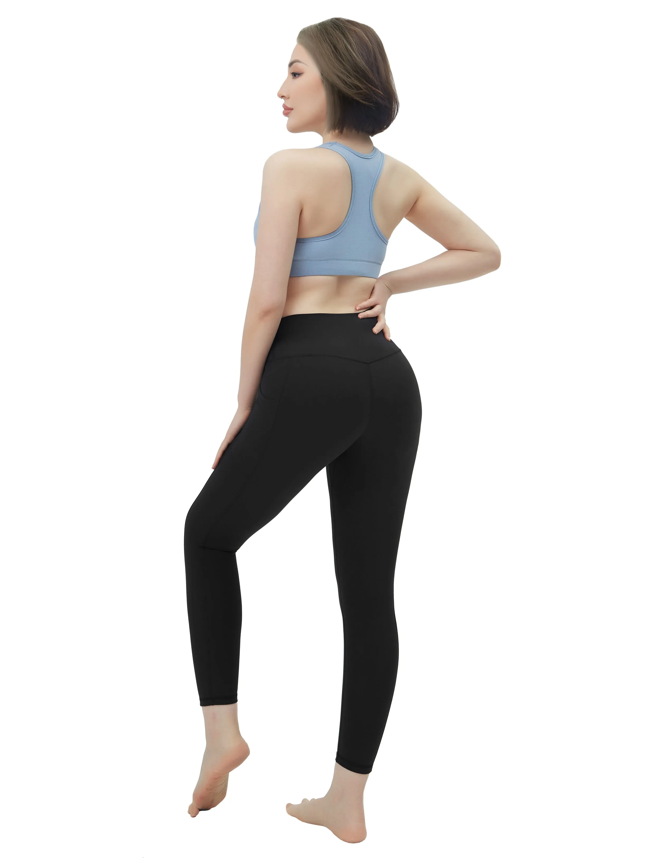 High Waisted Plus Size Pants 7/8 Length Leggings with Pockets black_Plus Size