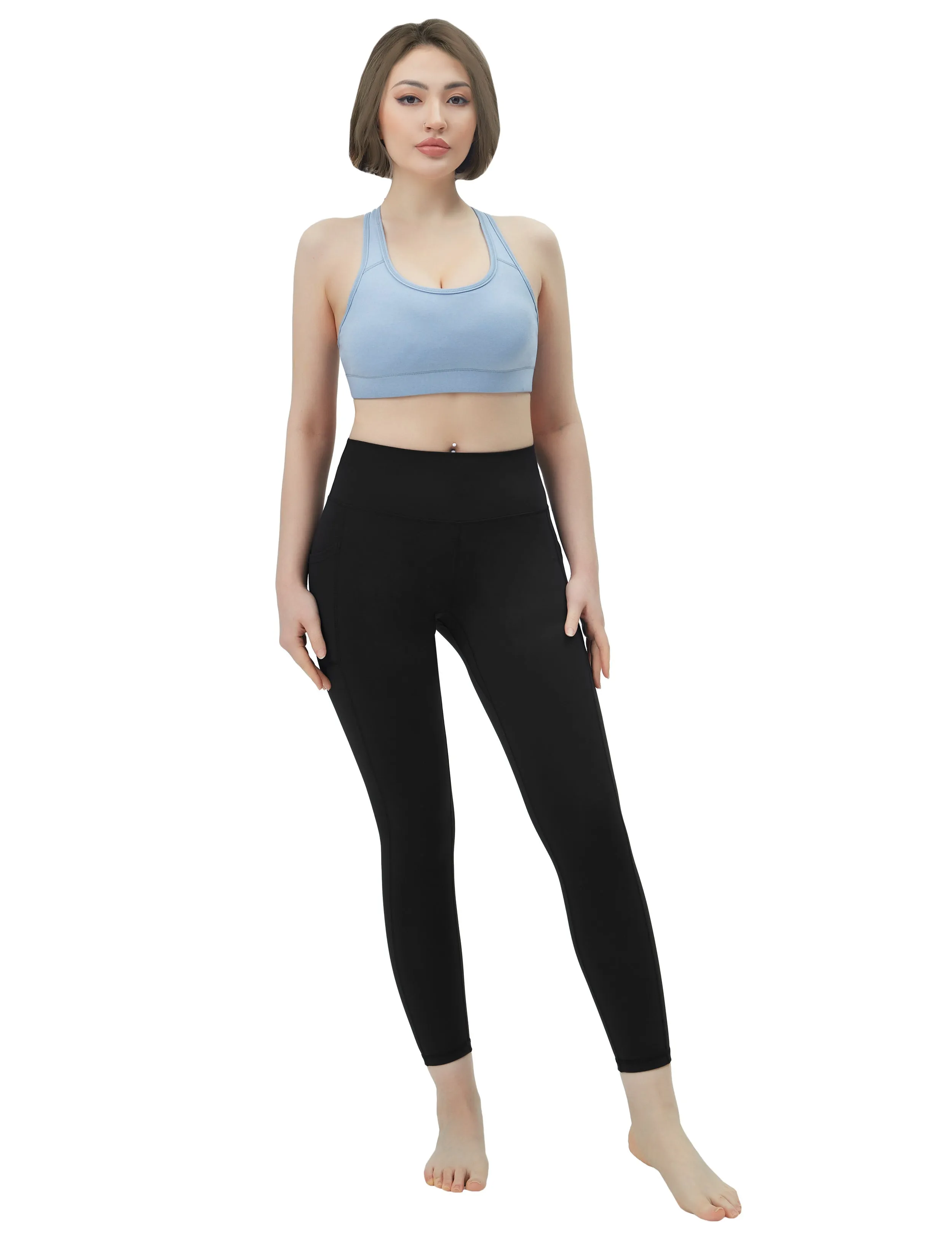 High Waisted Plus Size Pants 7/8 Length Leggings with Pockets black_Plus Size