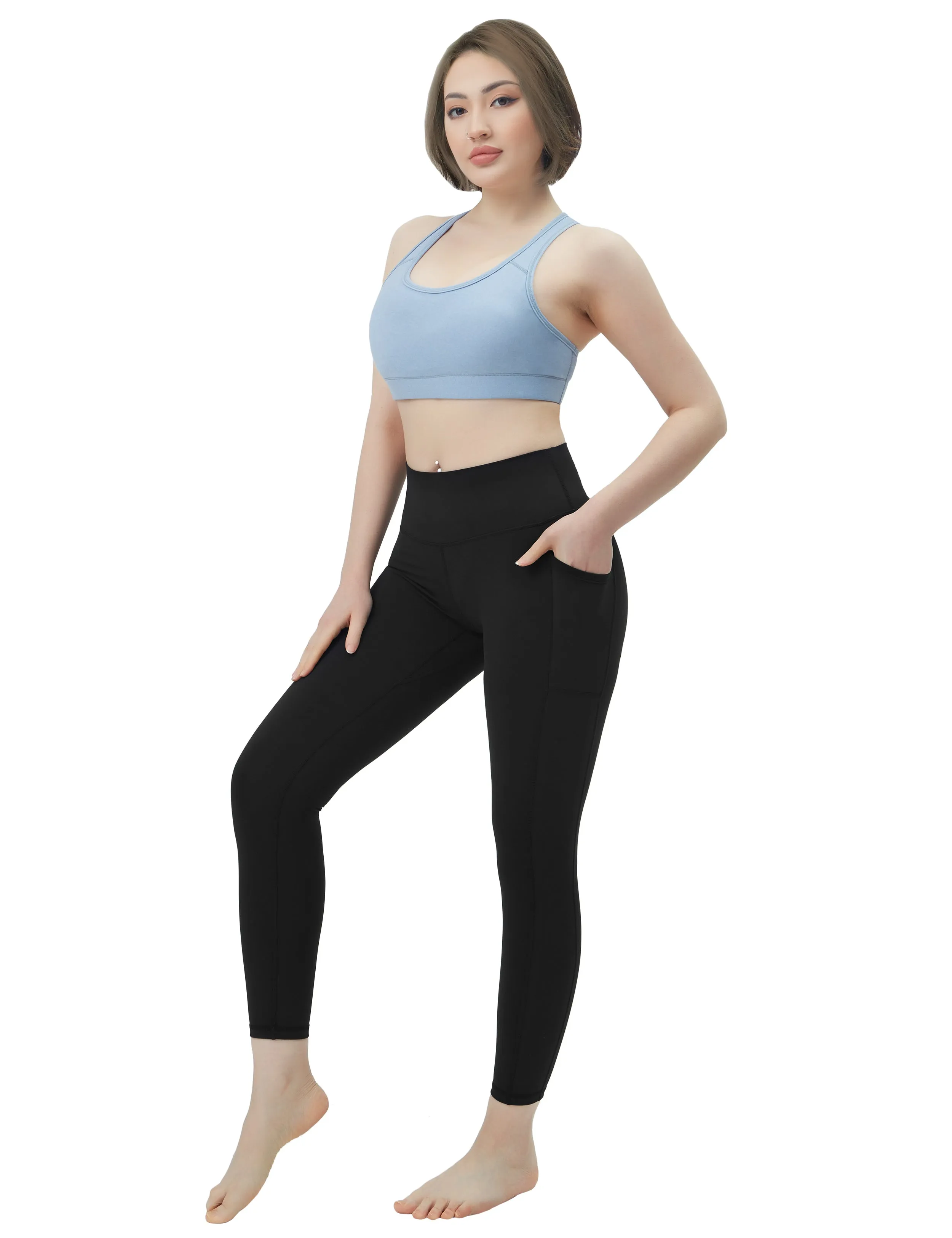 High Waisted Plus Size Pants 7/8 Length Leggings with Pockets black_Plus Size