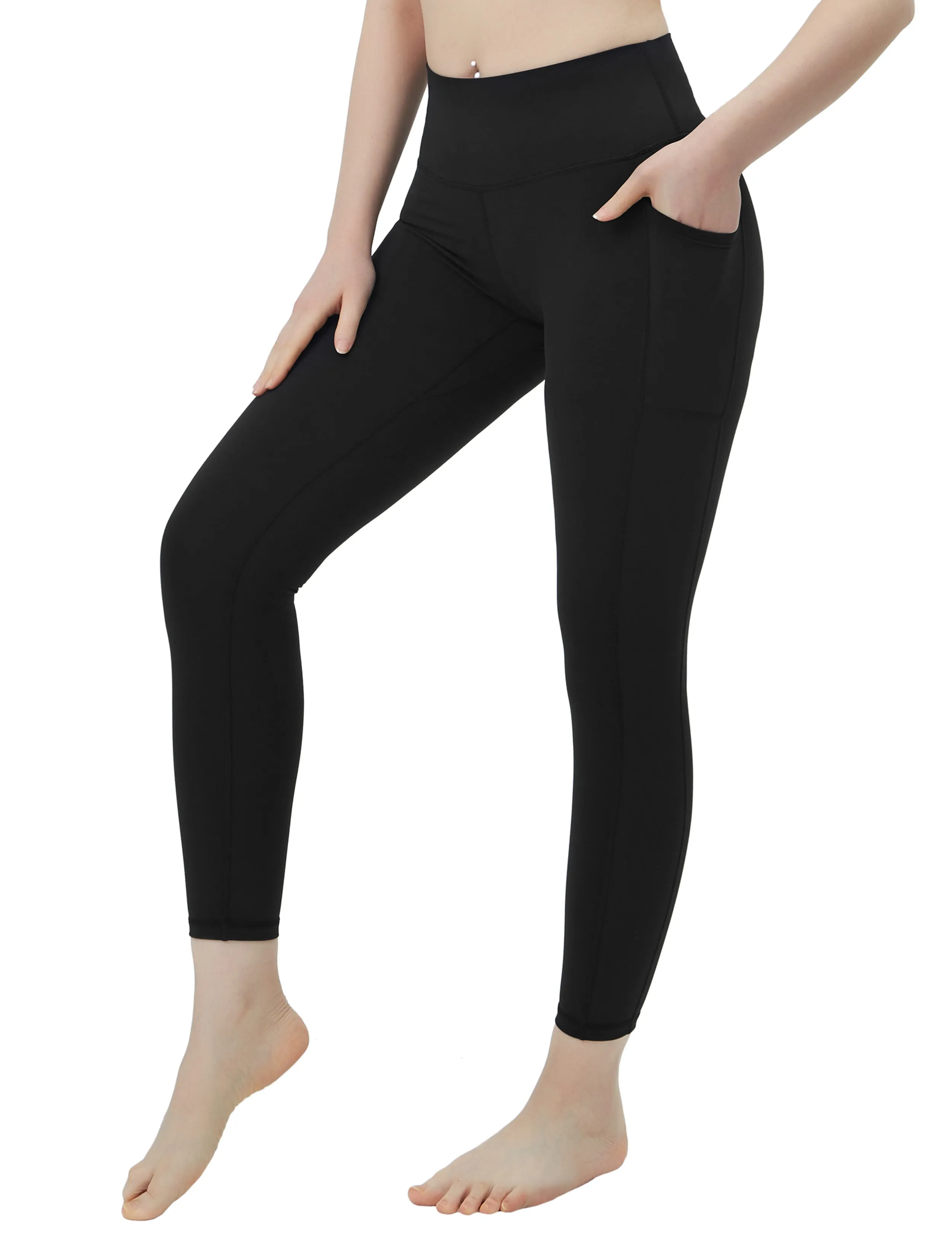 High Waisted Plus Size Pants 7/8 Length Leggings with Pockets black_Plus Size