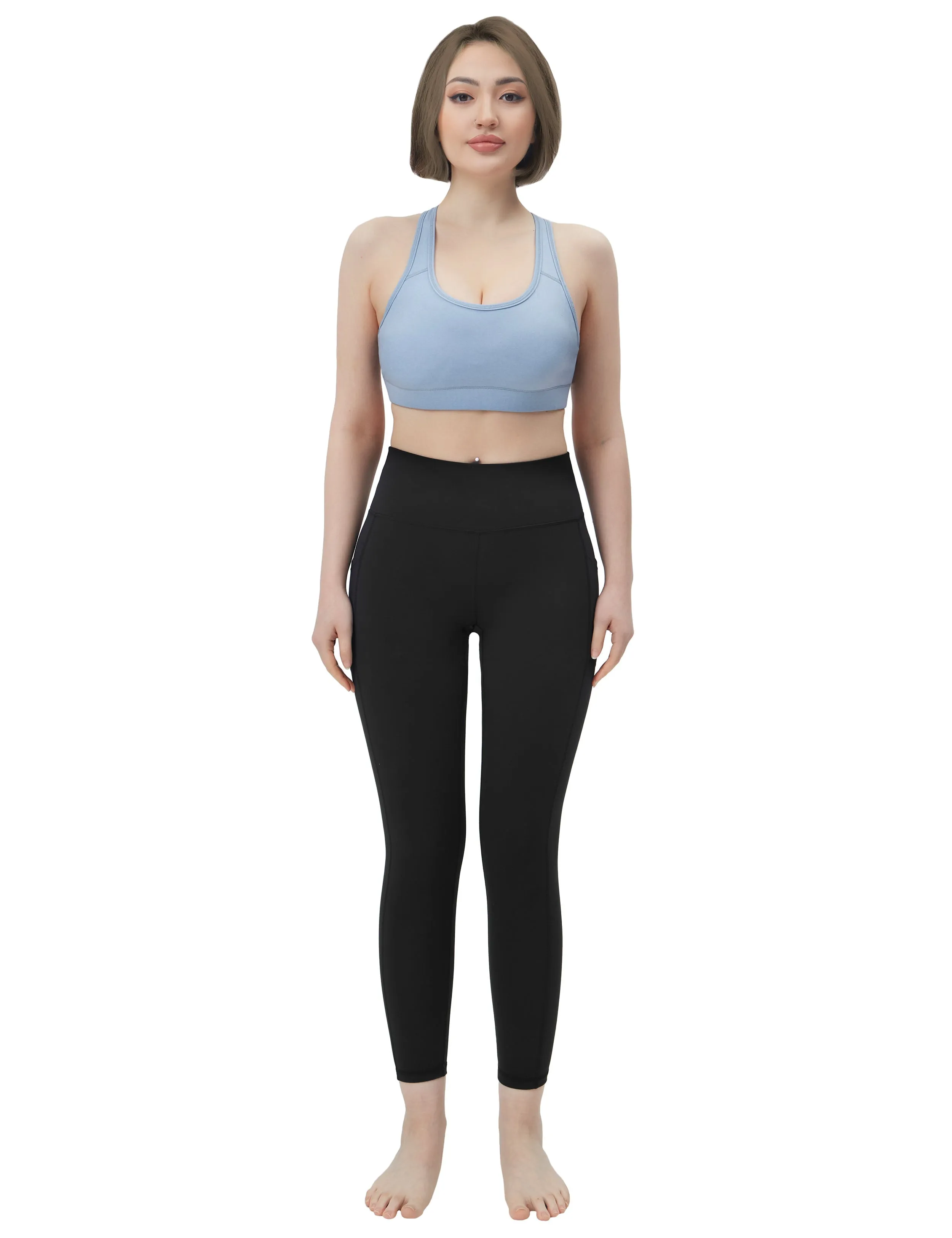 High Waisted Plus Size Pants 7/8 Length Leggings with Pockets black_Plus Size