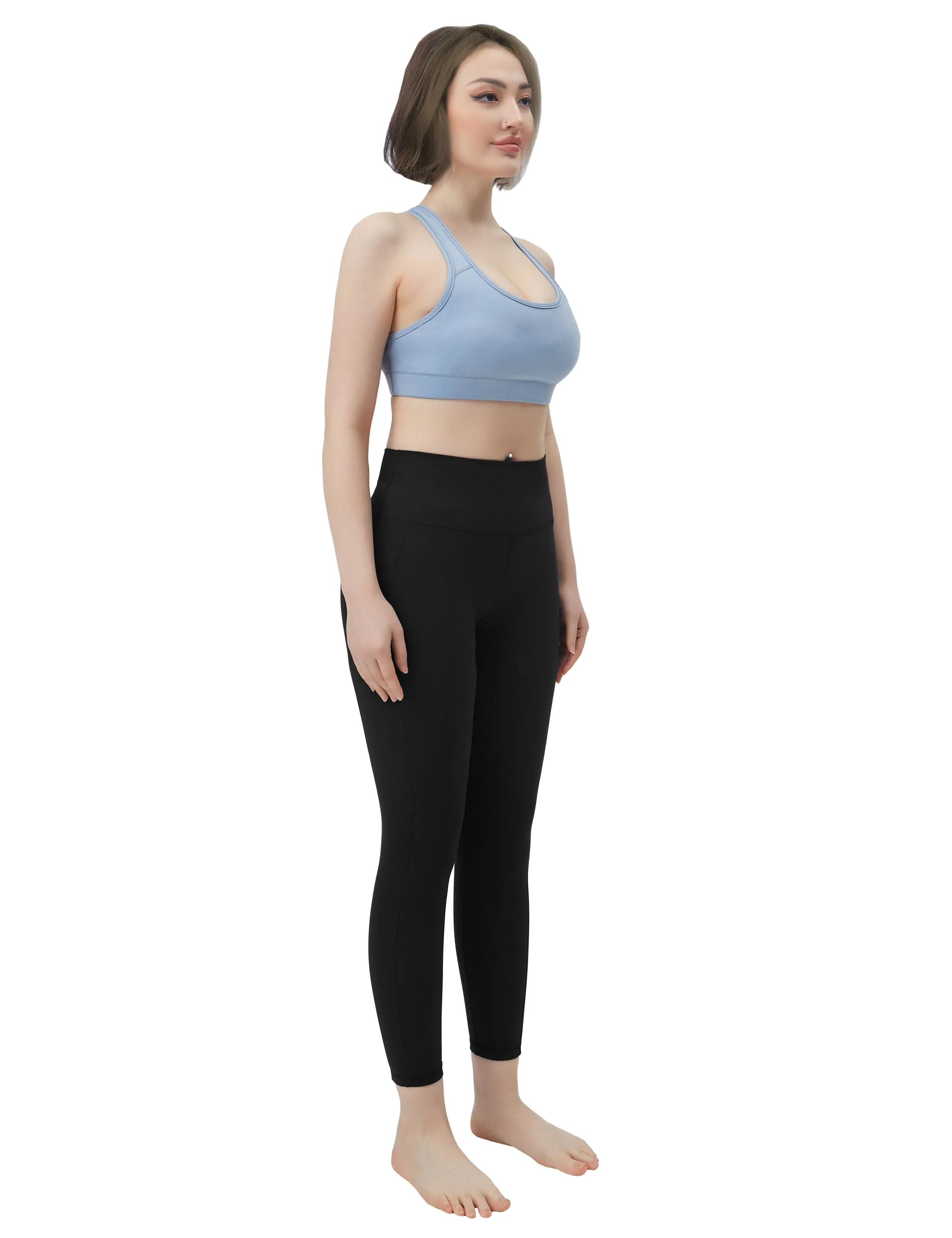High Waisted Plus Size Pants 7/8 Length Leggings with Pockets black_Plus Size