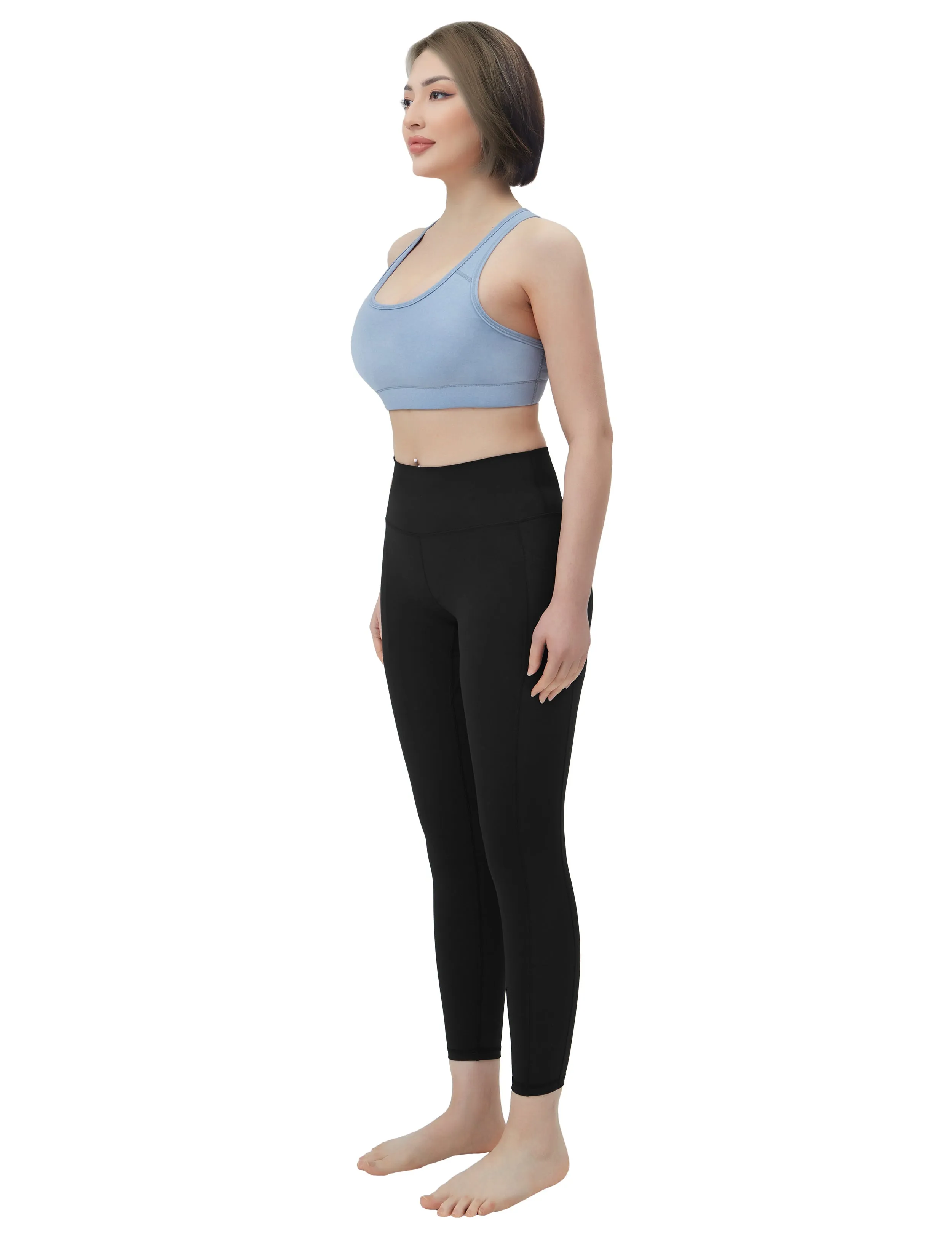 High Waisted Plus Size Pants 7/8 Length Leggings with Pockets black_Plus Size