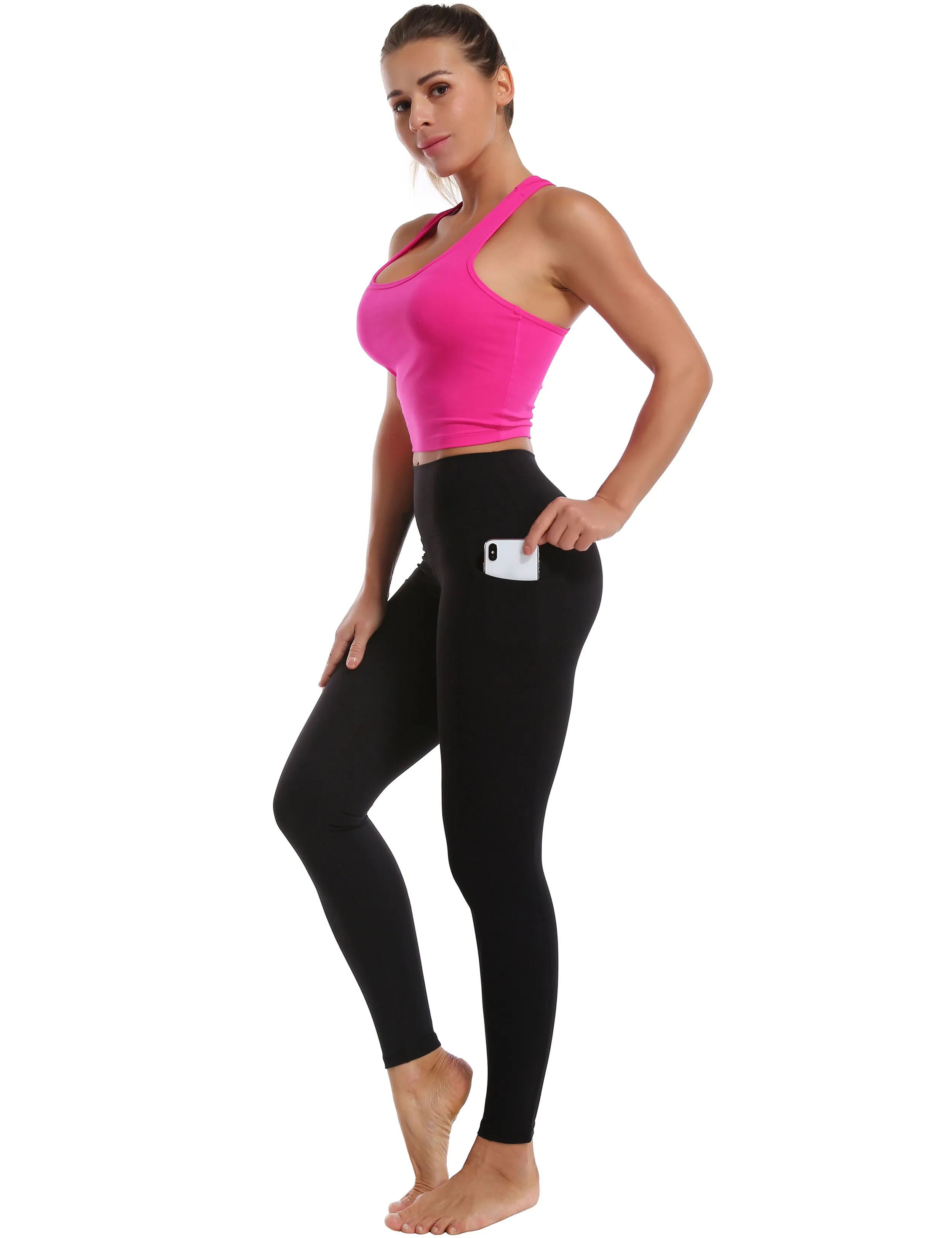 High Waisted Plus Size Pants 7/8 Length Leggings with Pockets black_Plus Size